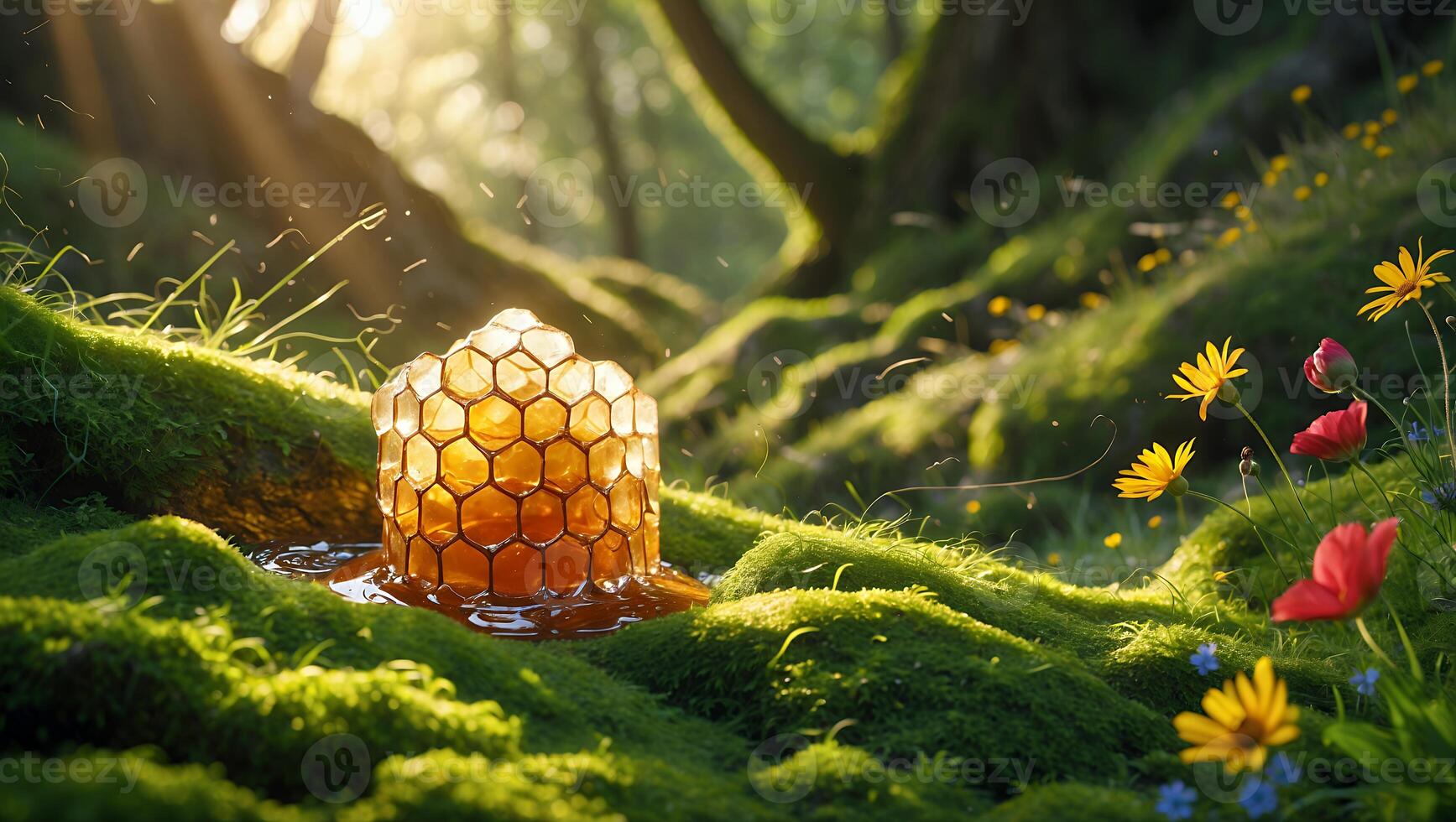 Honeycomb Resting on Mossy Ground in Sunlit Forest Setting photo