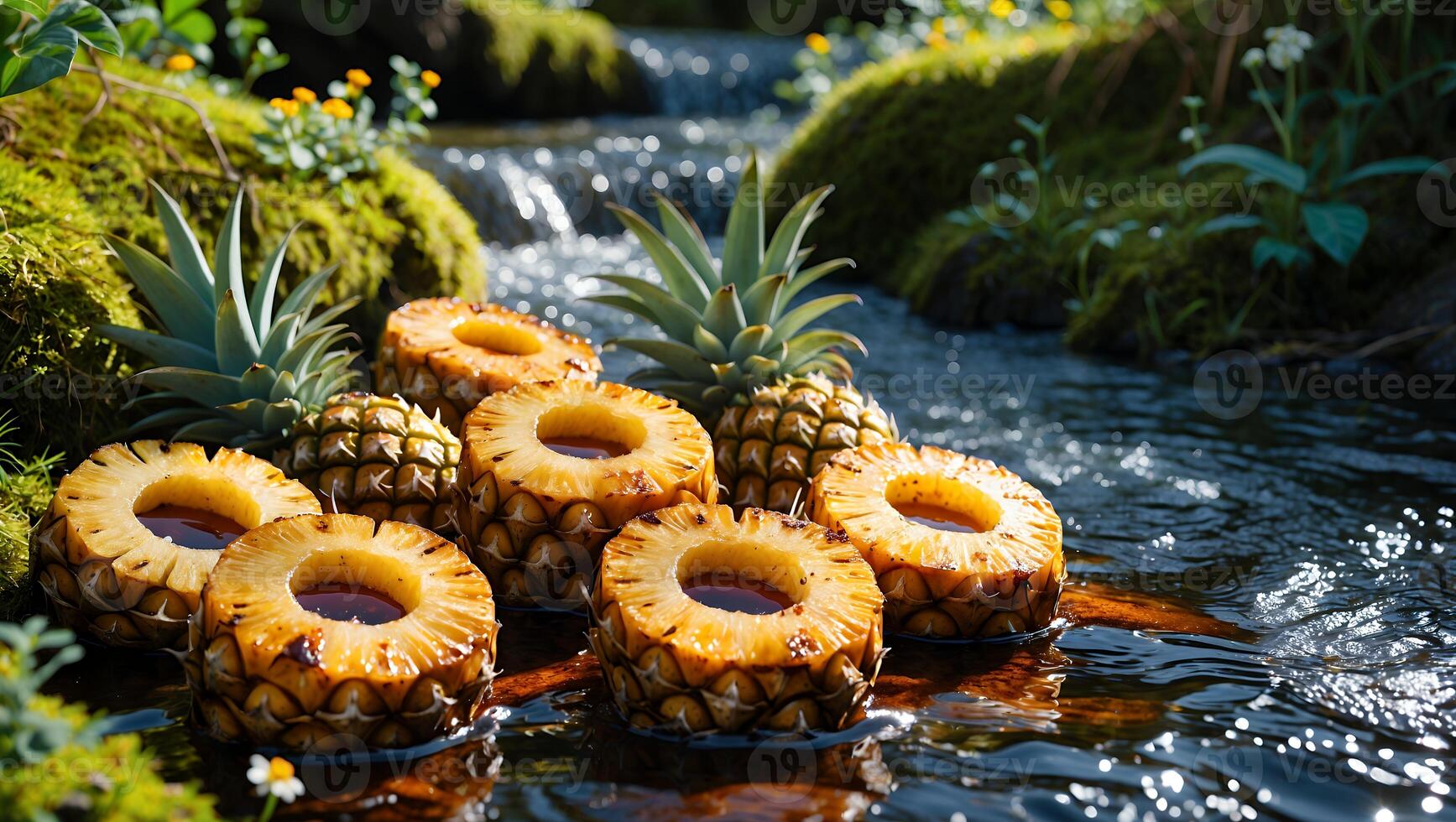 Pineapple Slices in Water with Mossy Rocks and Small Waterfalls photo