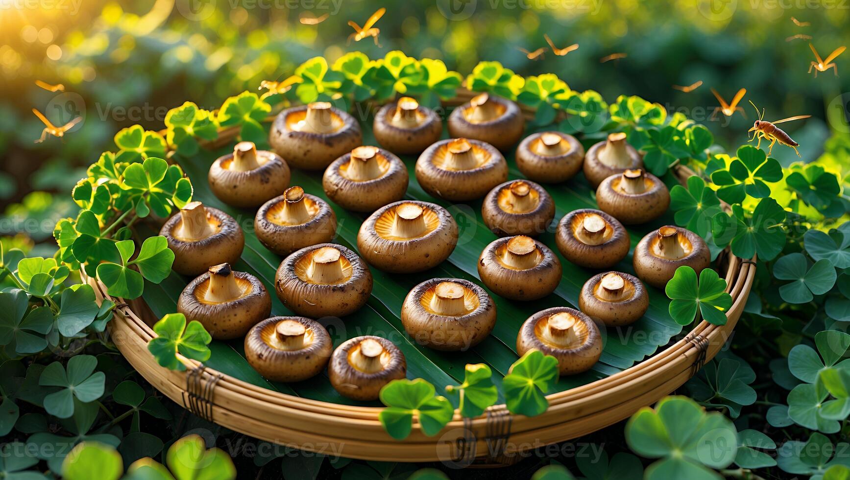 Mushrooms Arranged on a Woven Tray with Clover Leaves Decorating photo