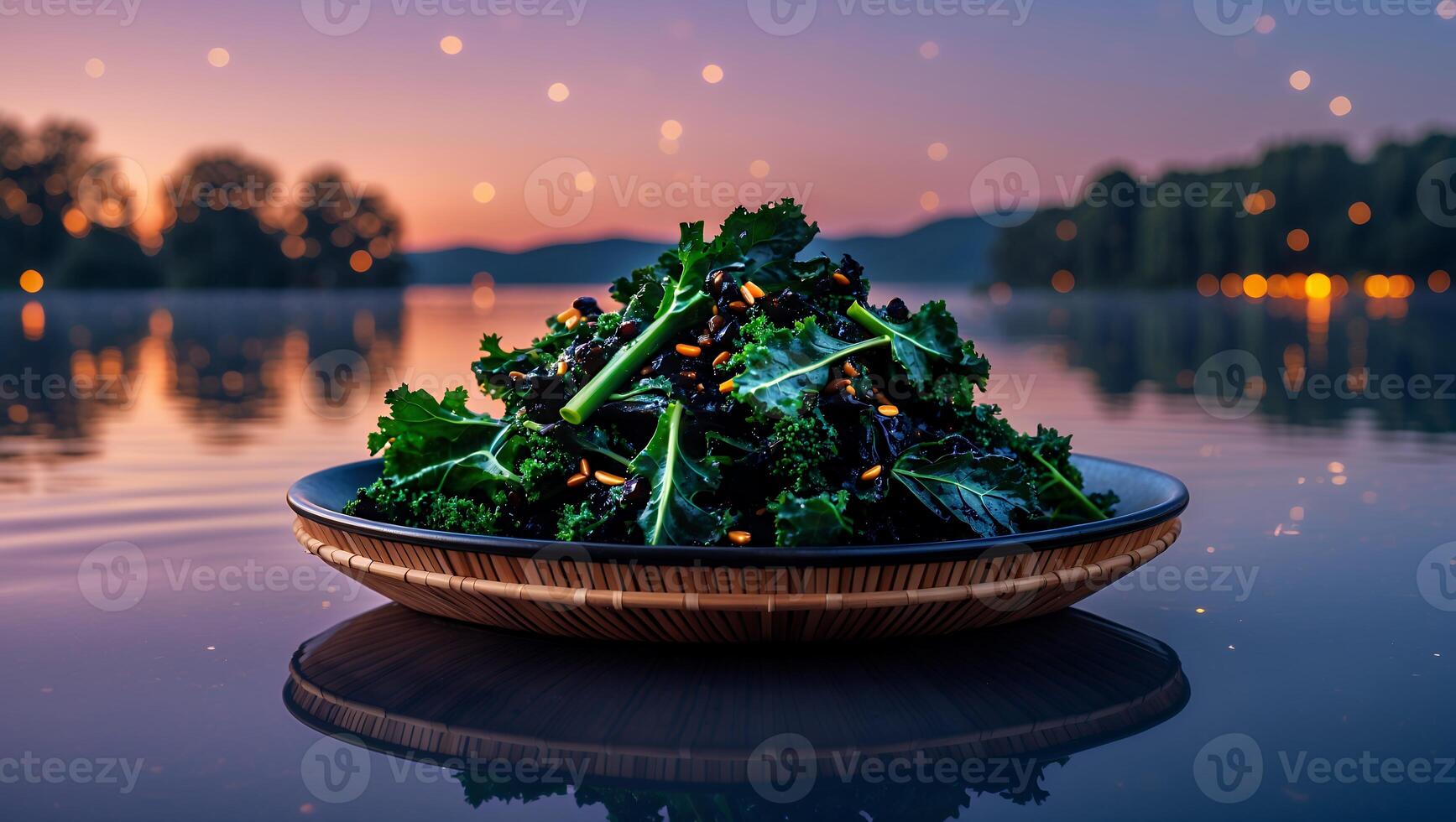 Kale Salad on Woven Bowl Reflecting Lake Scenery at Dusk photo