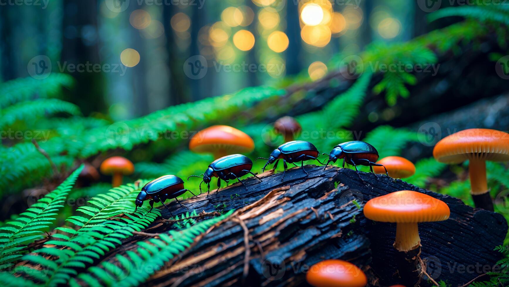 Beetles Walking on Fallen Log in Forest with Mushrooms and Ferns photo