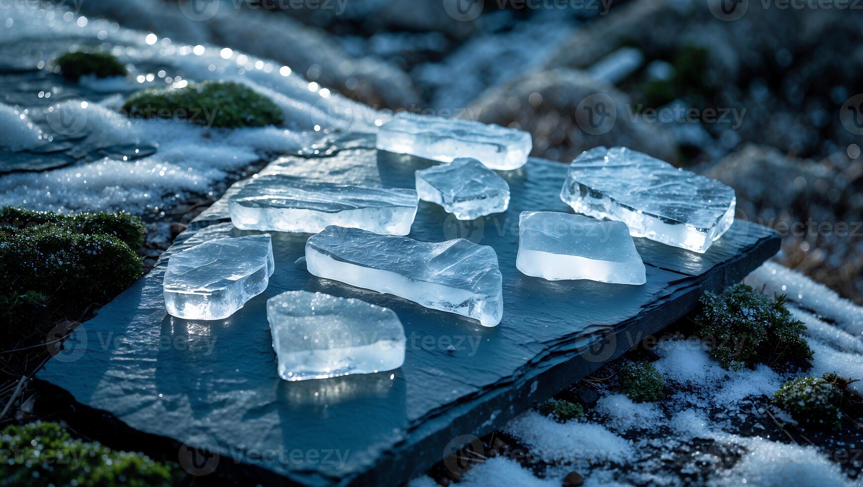 Ice Pieces Displayed on Slate with Snowy Moss Background photo