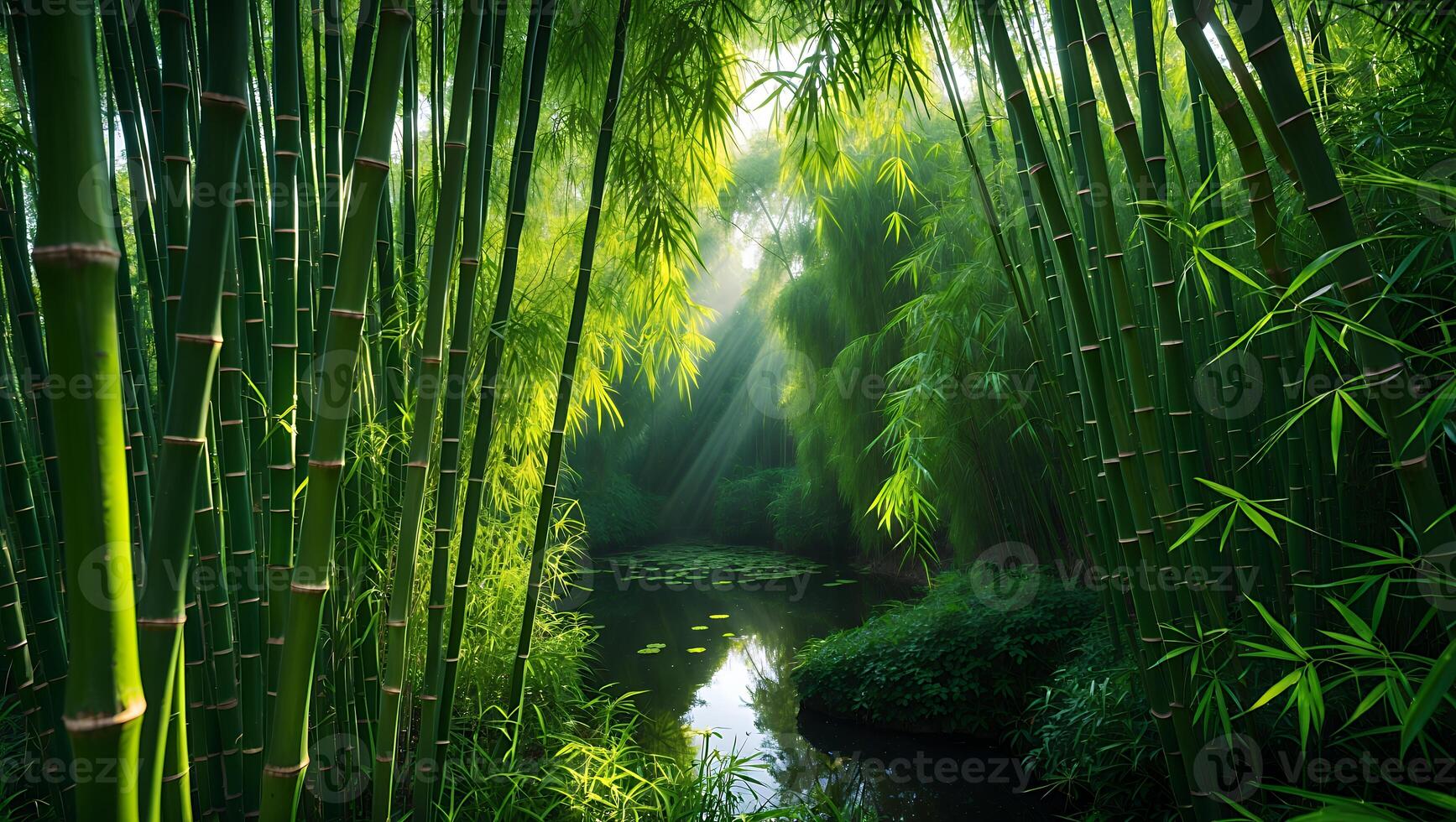 Sunlight Streaming Through Green Bamboo Forest Over Tranquil Water photo
