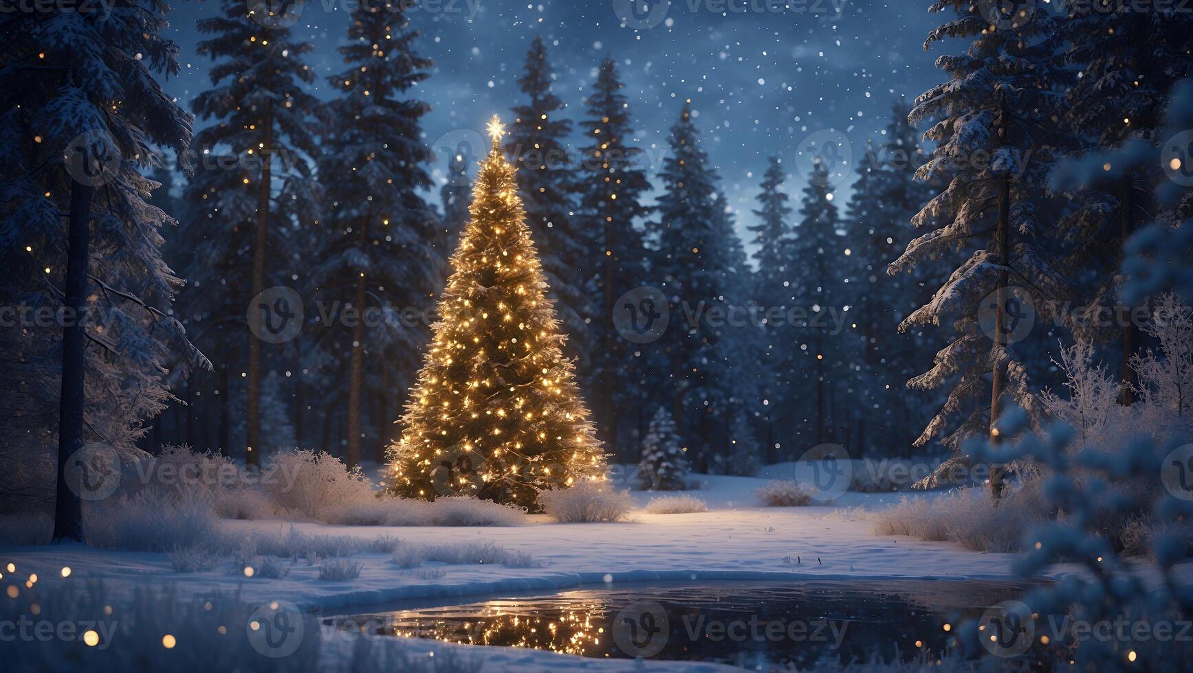 Decorated Christmas Tree Glowing in a Snowy Winter Forest Scene photo