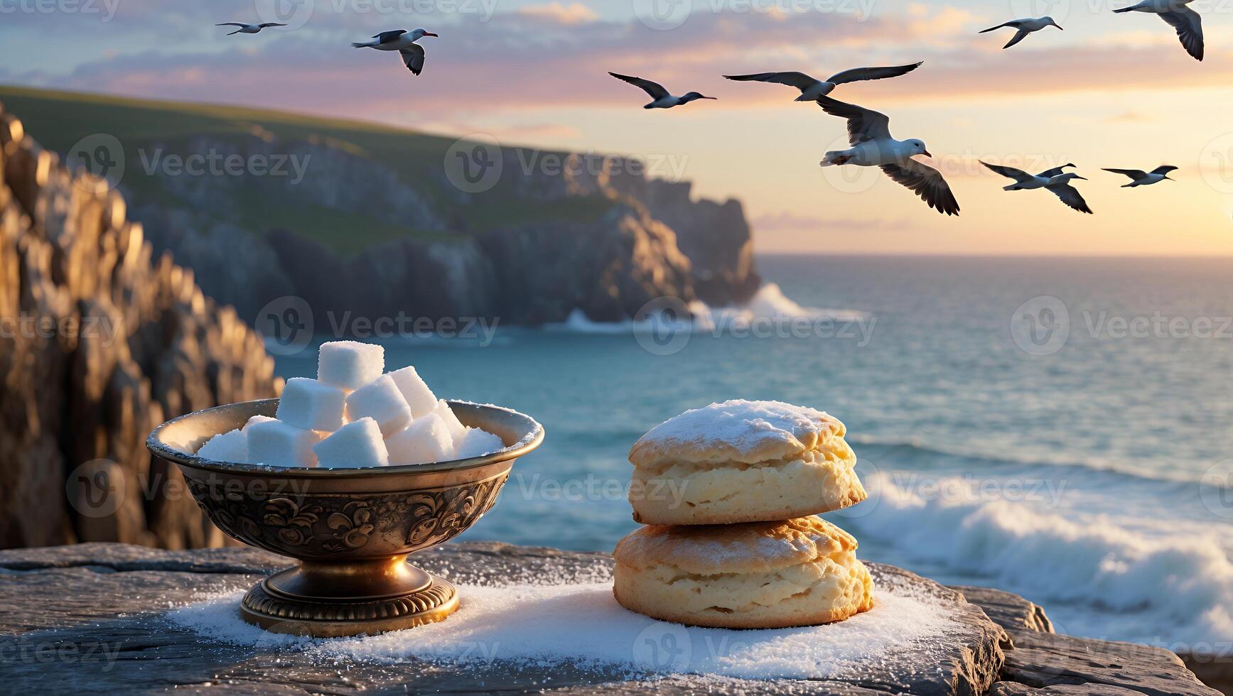 Sugar Cubes and Biscuits on Seaside Cliff with Flying Birds photo