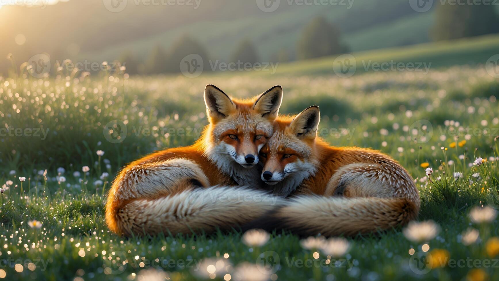 Two Foxes Cuddling in a Flower Meadow at Golden Hour photo