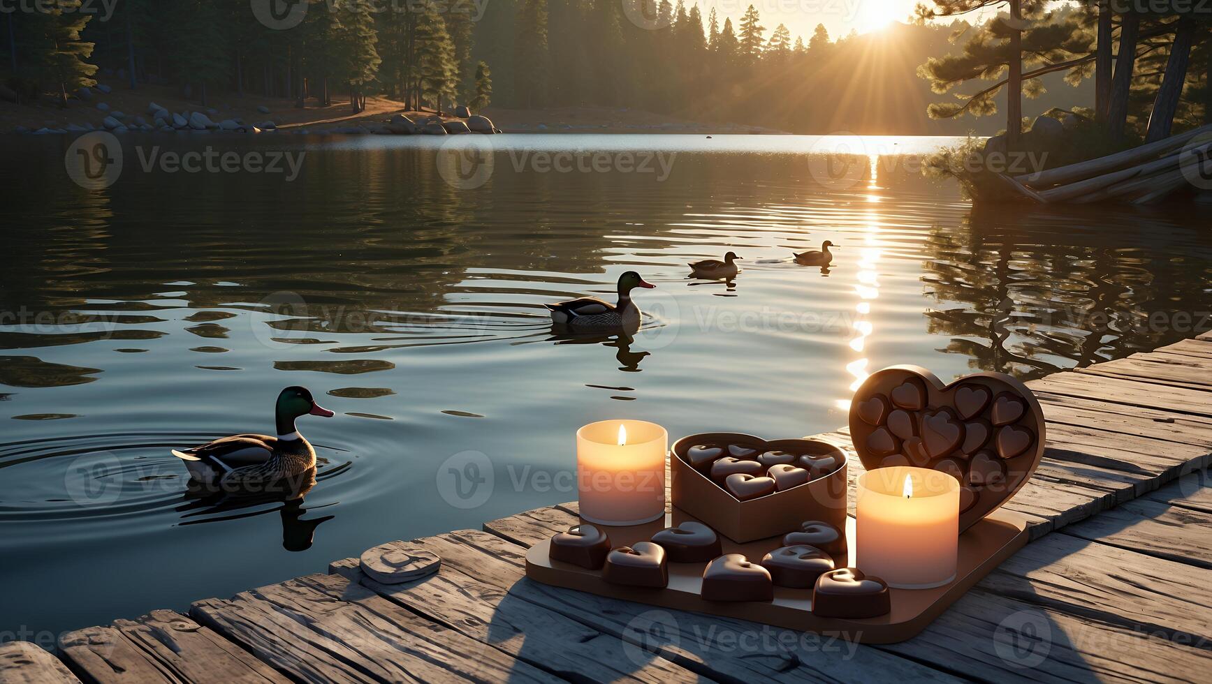 Ducks Swimming on Lake with Chocolates and Candles on Dock photo