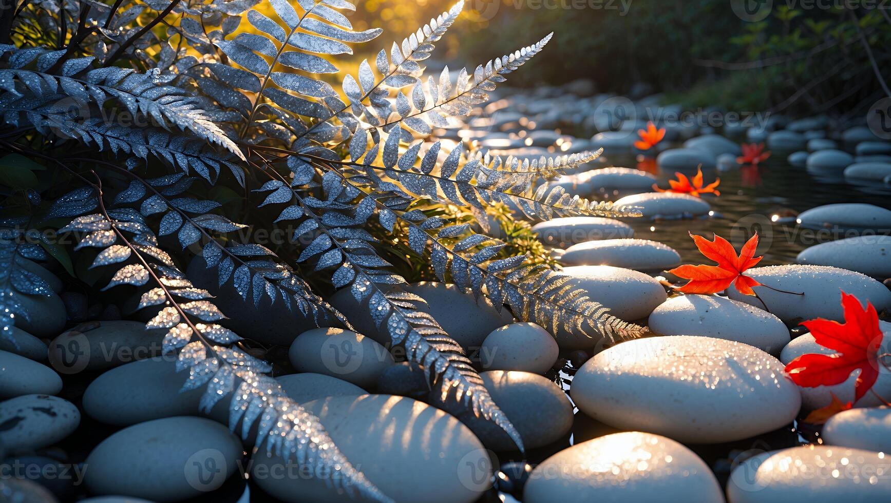 Ferns Growing Beside a Rocky Stream with Red Leaves in Autumn photo