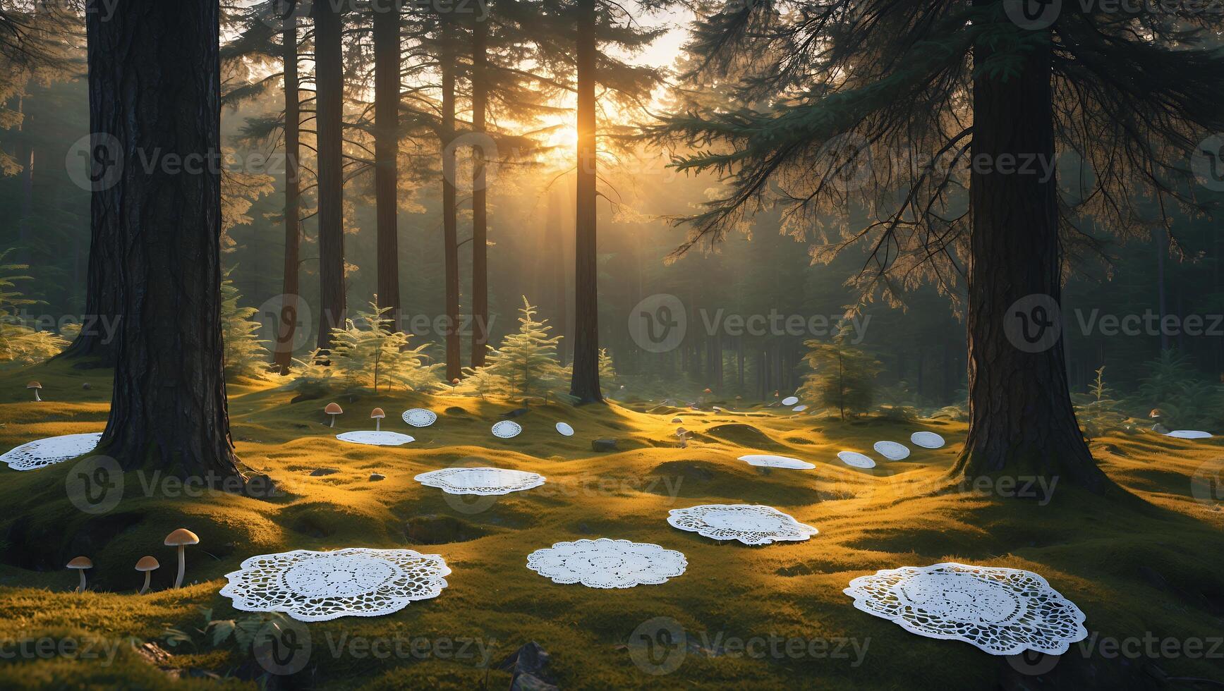 Sunlight Streaming Through Forest with Decorative Cloths and Mushrooms photo