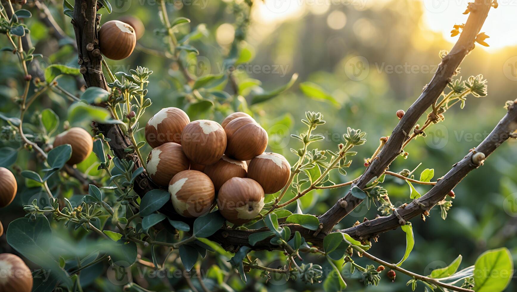 Gathering Hazelnuts on a Branch in Natural Sunlight Setting photo