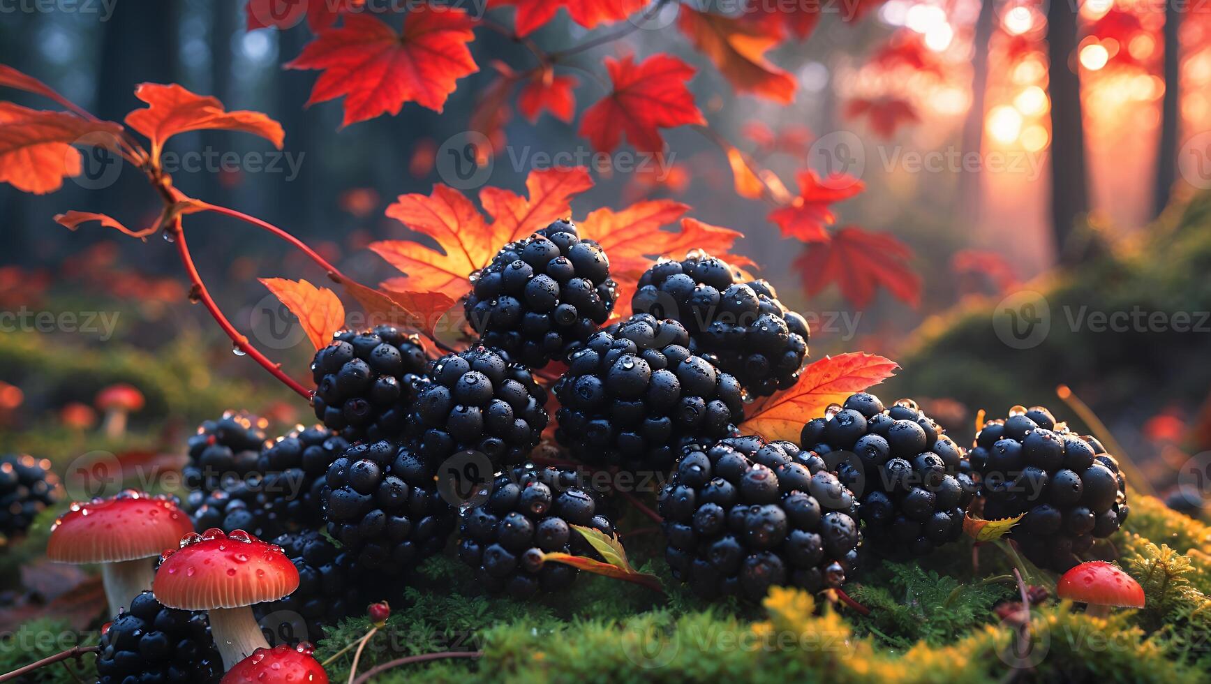 Blackberries and Red Mushrooms on Mossy Ground in Forest Setting photo