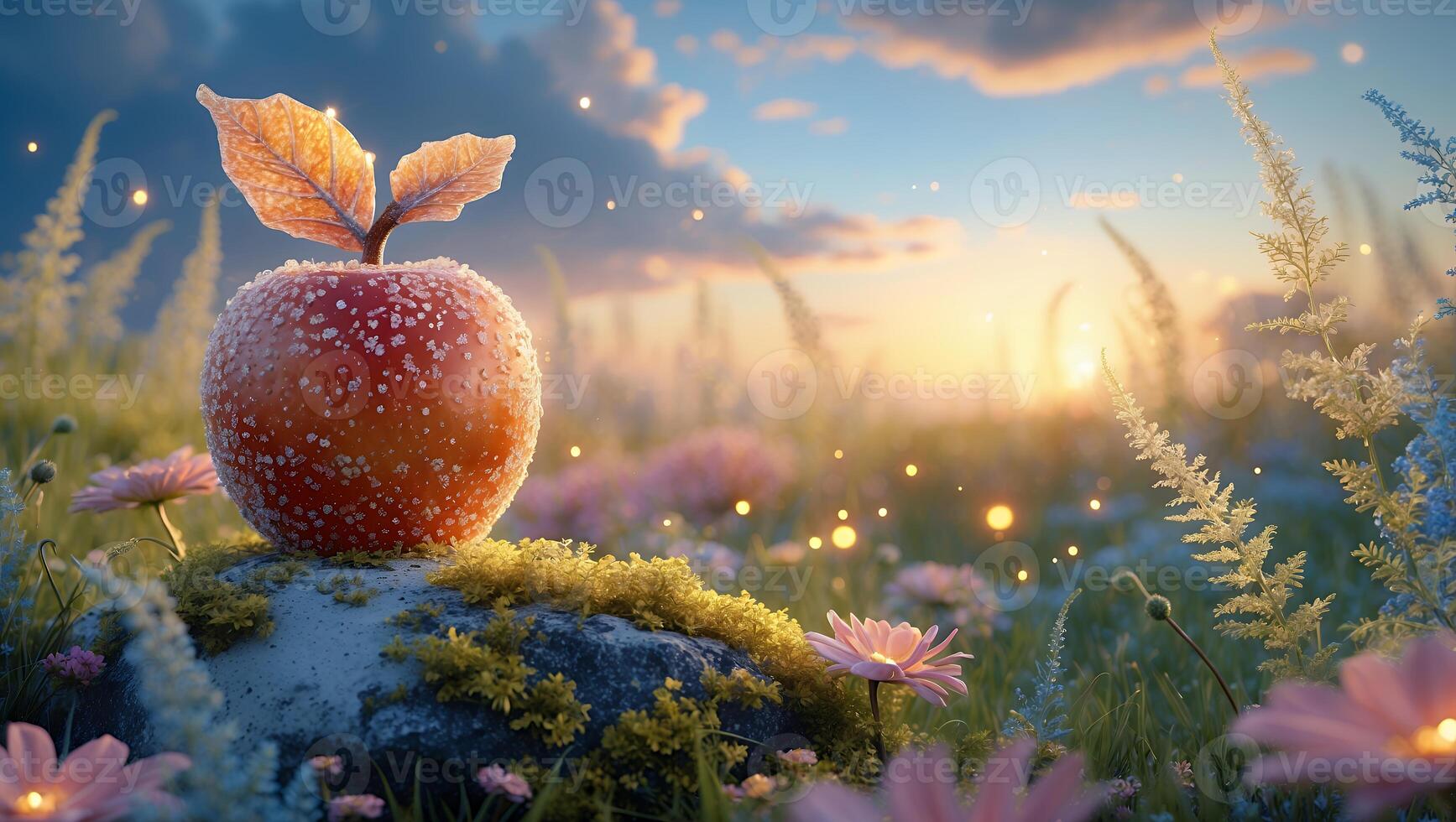 Apple with Sprout Resting on Mossy Stone in Dreamy Meadow photo