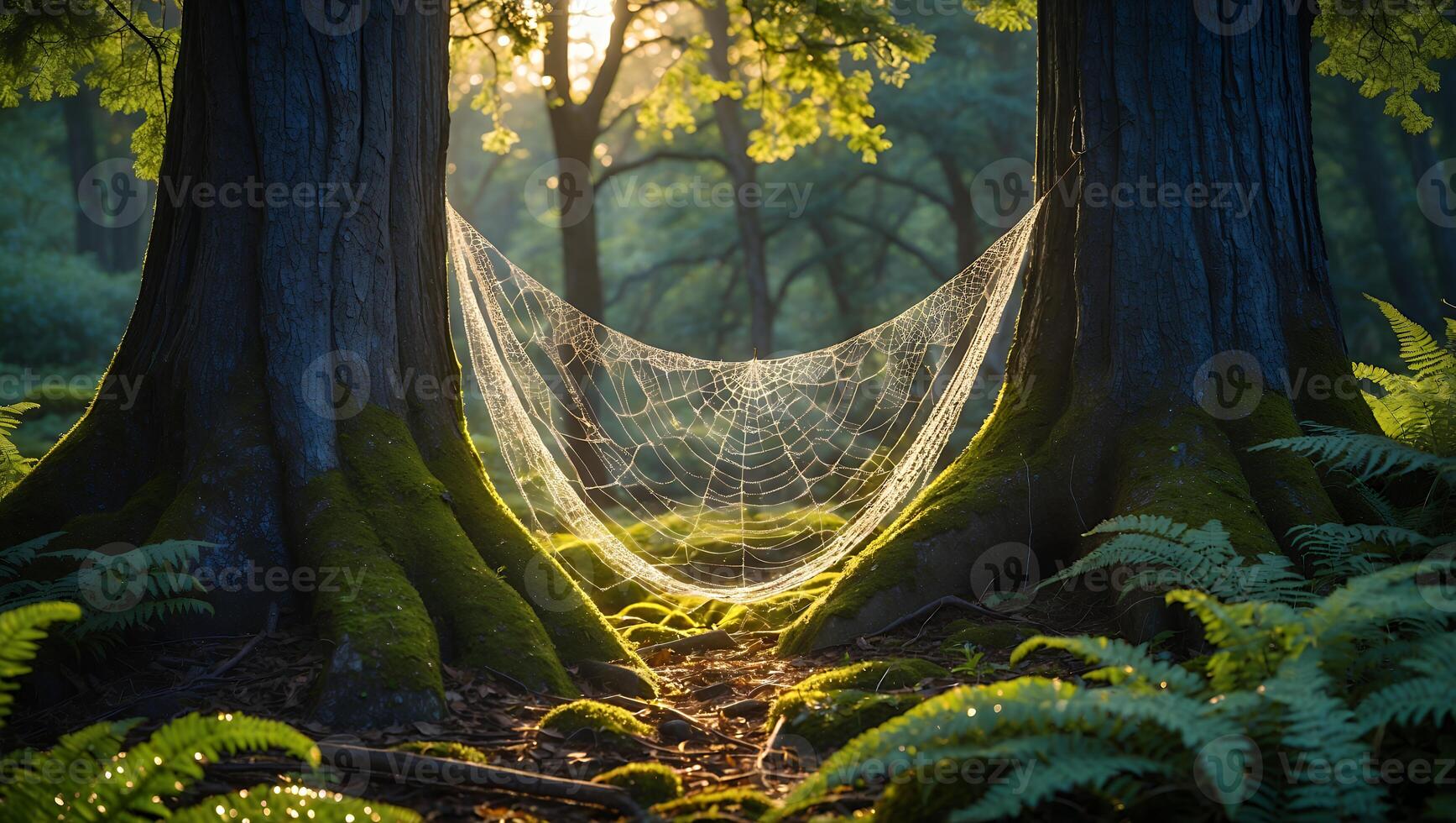 Spiderweb Between Trees Shines in Sunlight in a Lush Forest photo
