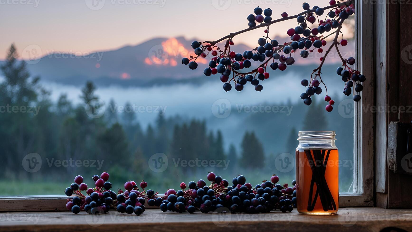 Berries and Jar by Window Overlooking Misty Mountain Forest Landscape photo