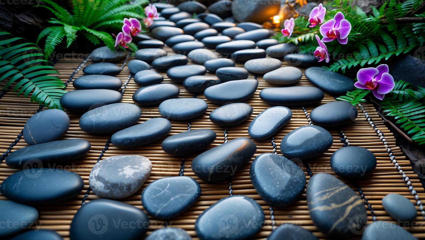 Smooth Black Stones Arranged on Bamboo Mat with Green Ferns photo