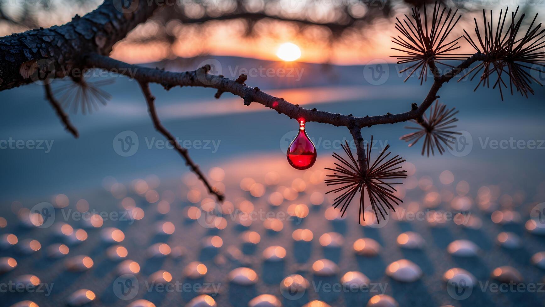 Red Ornament Hanging on Branch at Sunset with Water Reflection photo