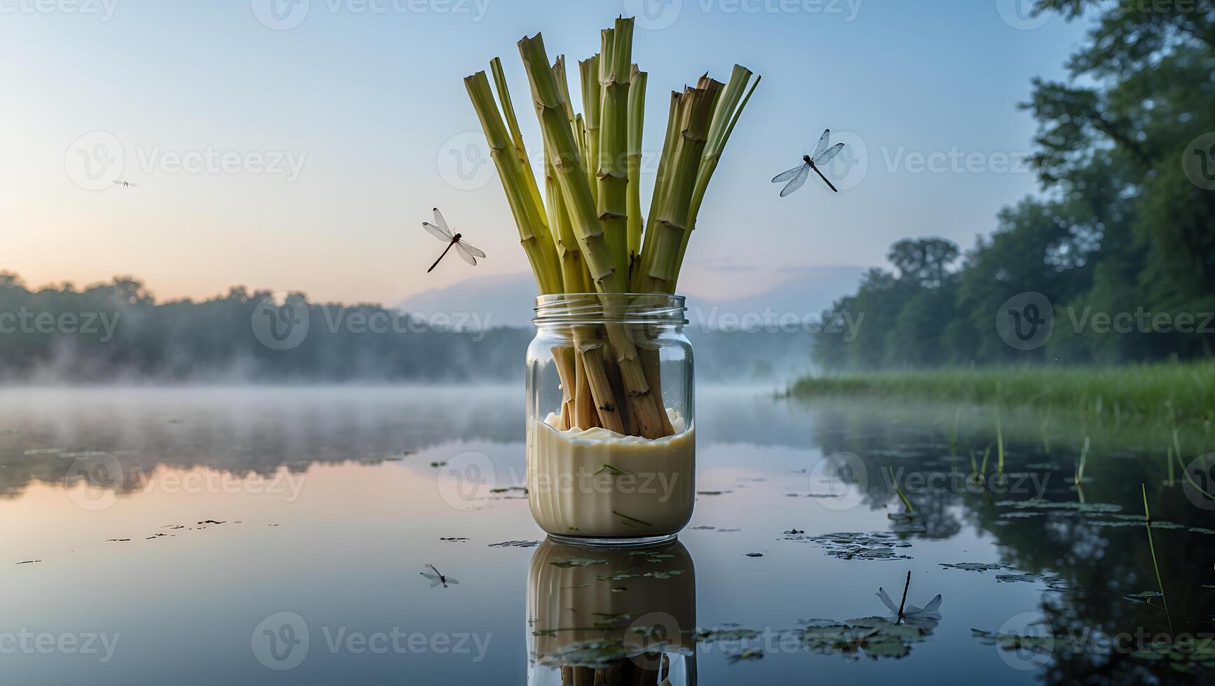 Reed Stalks in Jar on Lake with Morning Mist and Dragonflies photo