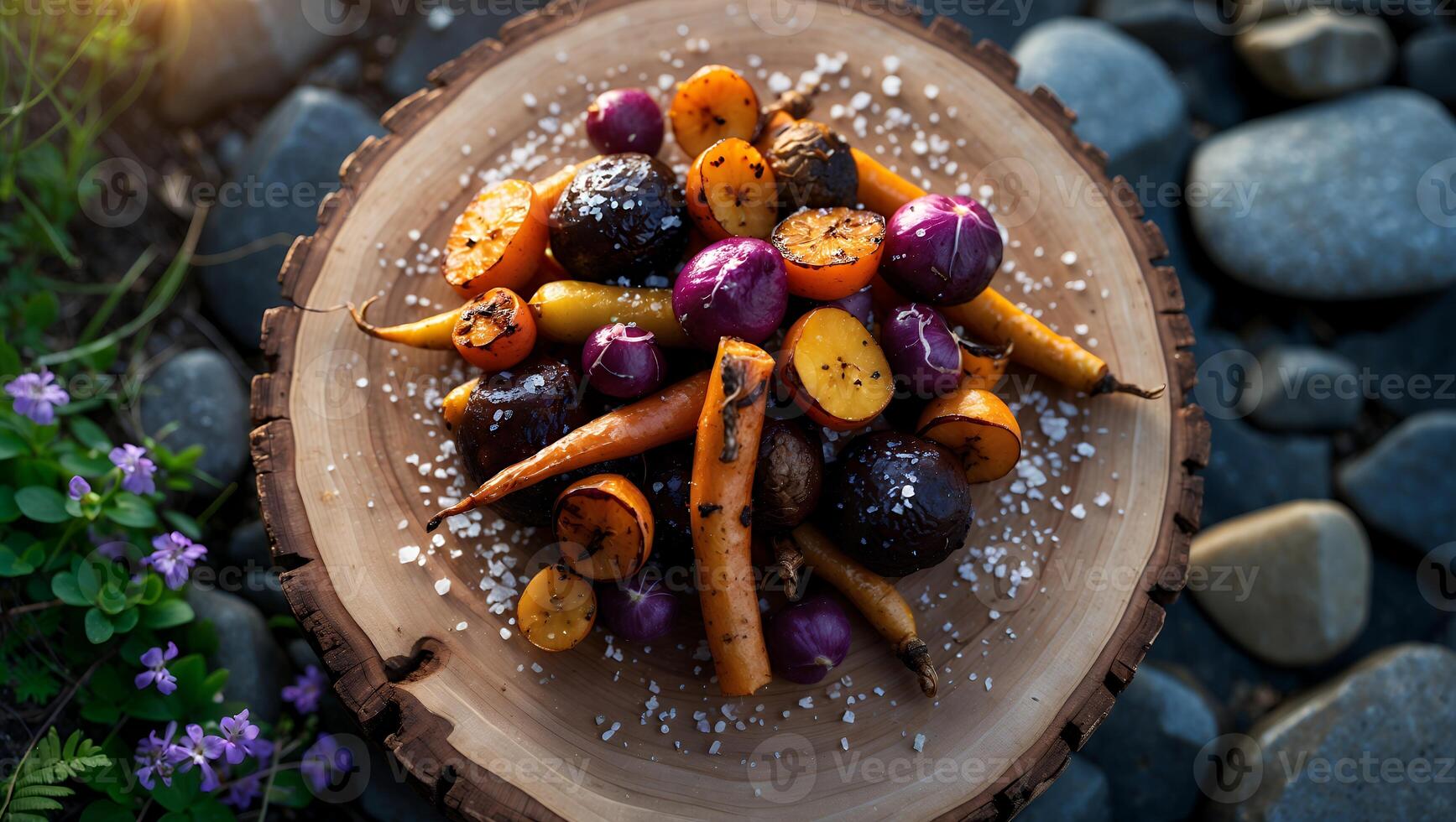 Roasted Root Vegetables with Sea Salt on Rustic Wood Slab photo