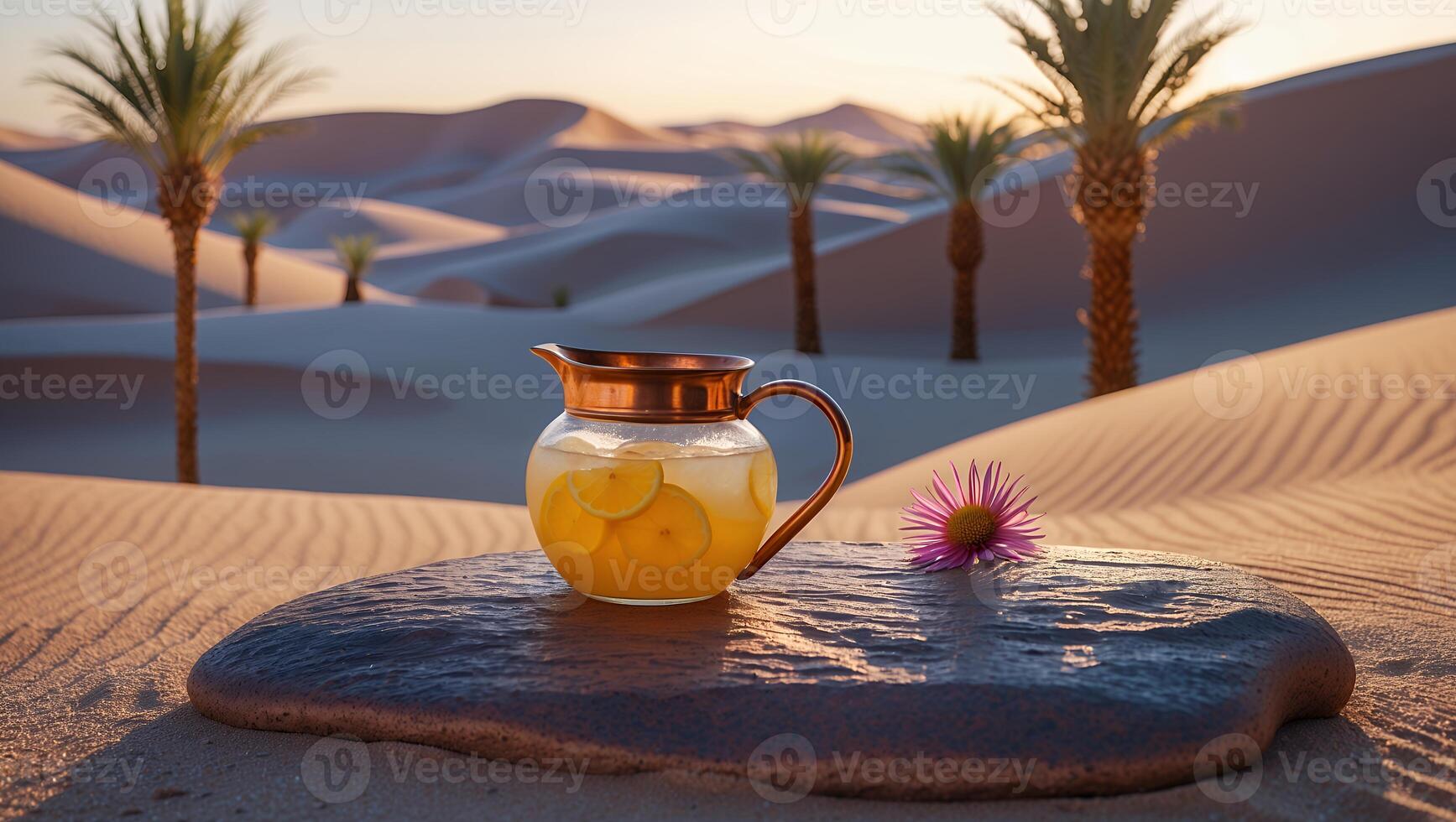 Pitcher of Lemonade on Stone in Desert with Palm Trees photo