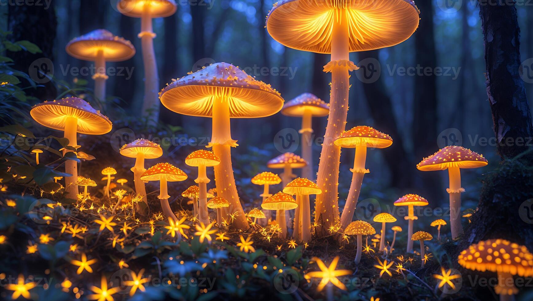 Glowing Mushrooms in Enchanted Forest with Starry Light photo