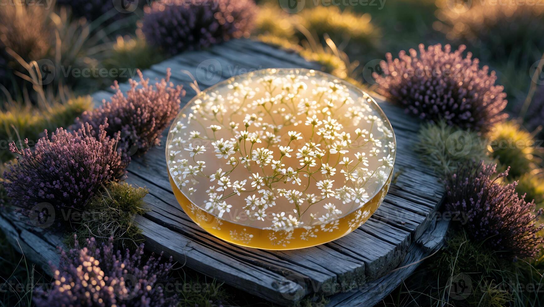 Daisy Flower Petals in Resin Orb Resting on Weathered Wooden Surface photo