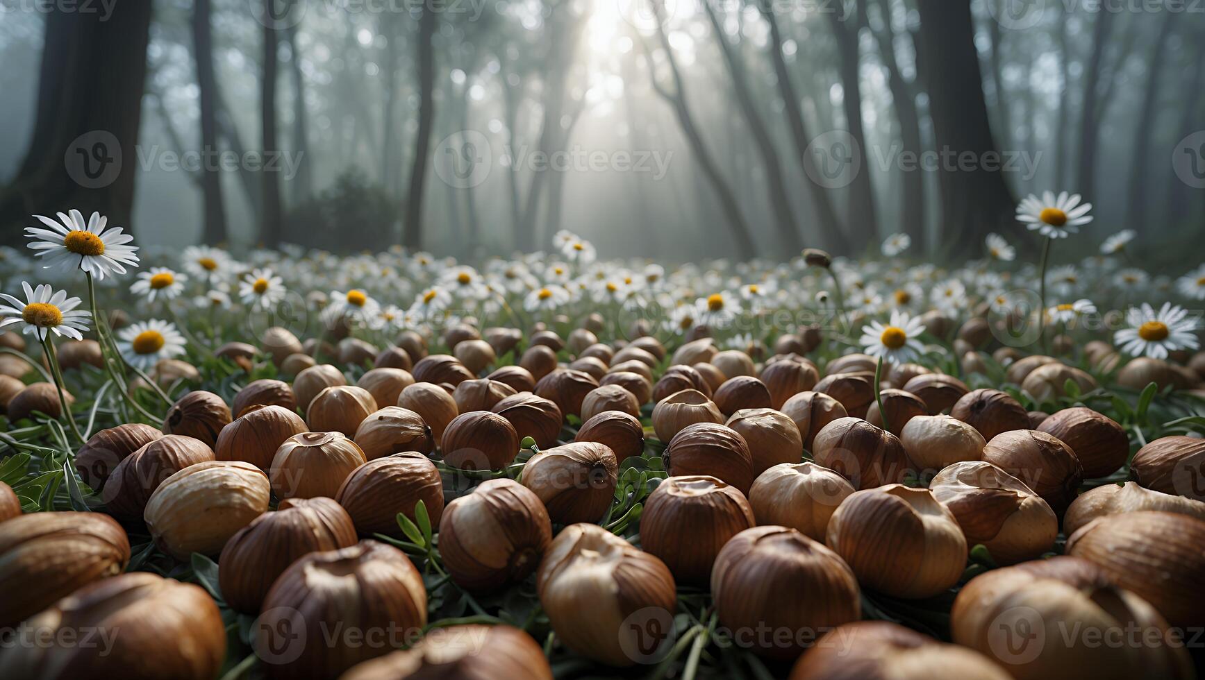Gathered Hazelnuts on Forest Floor with Daisies and Misty Light photo