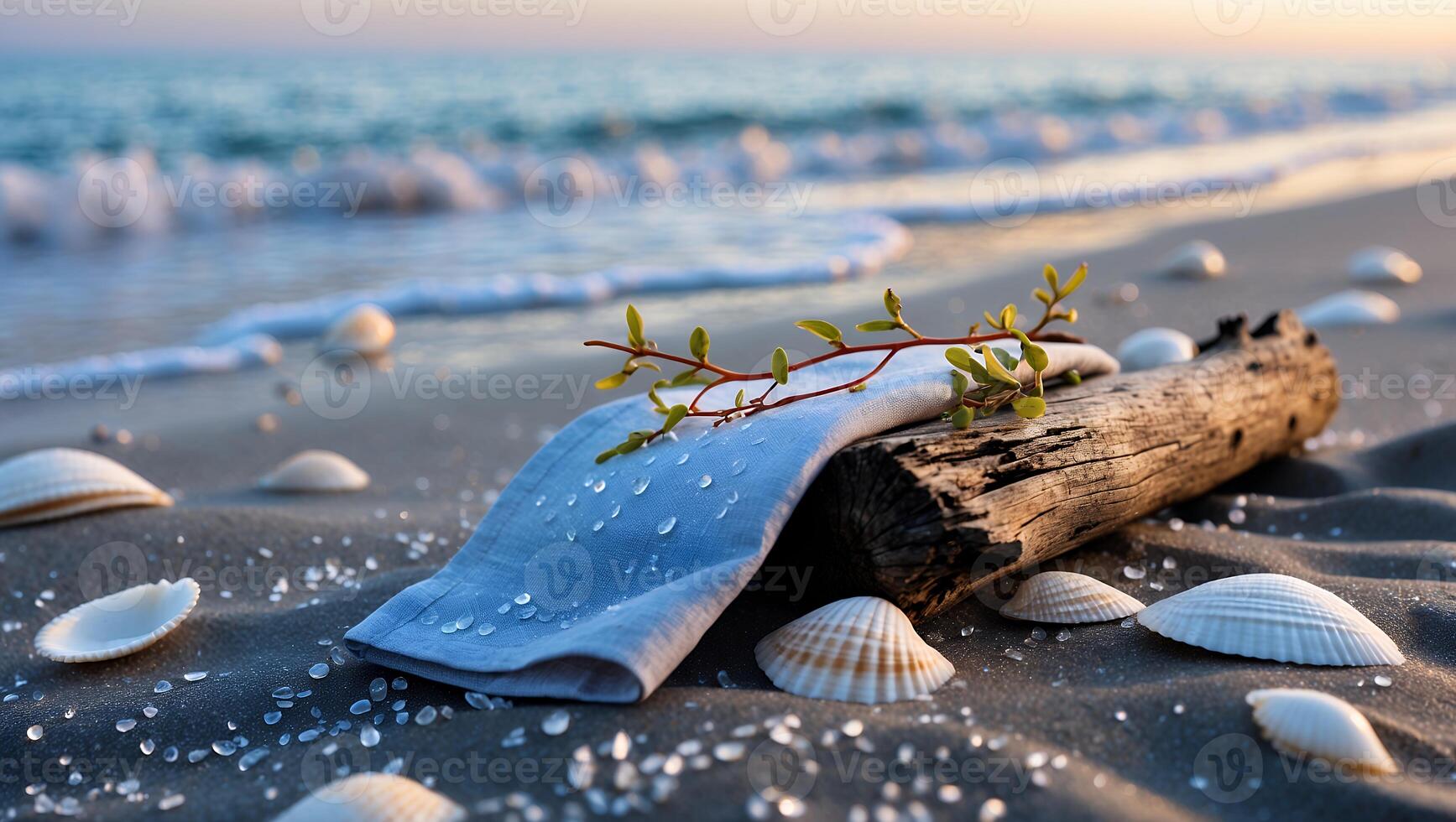 Seaside Still Life with Cloth, Driftwood, and Shells on Beach photo