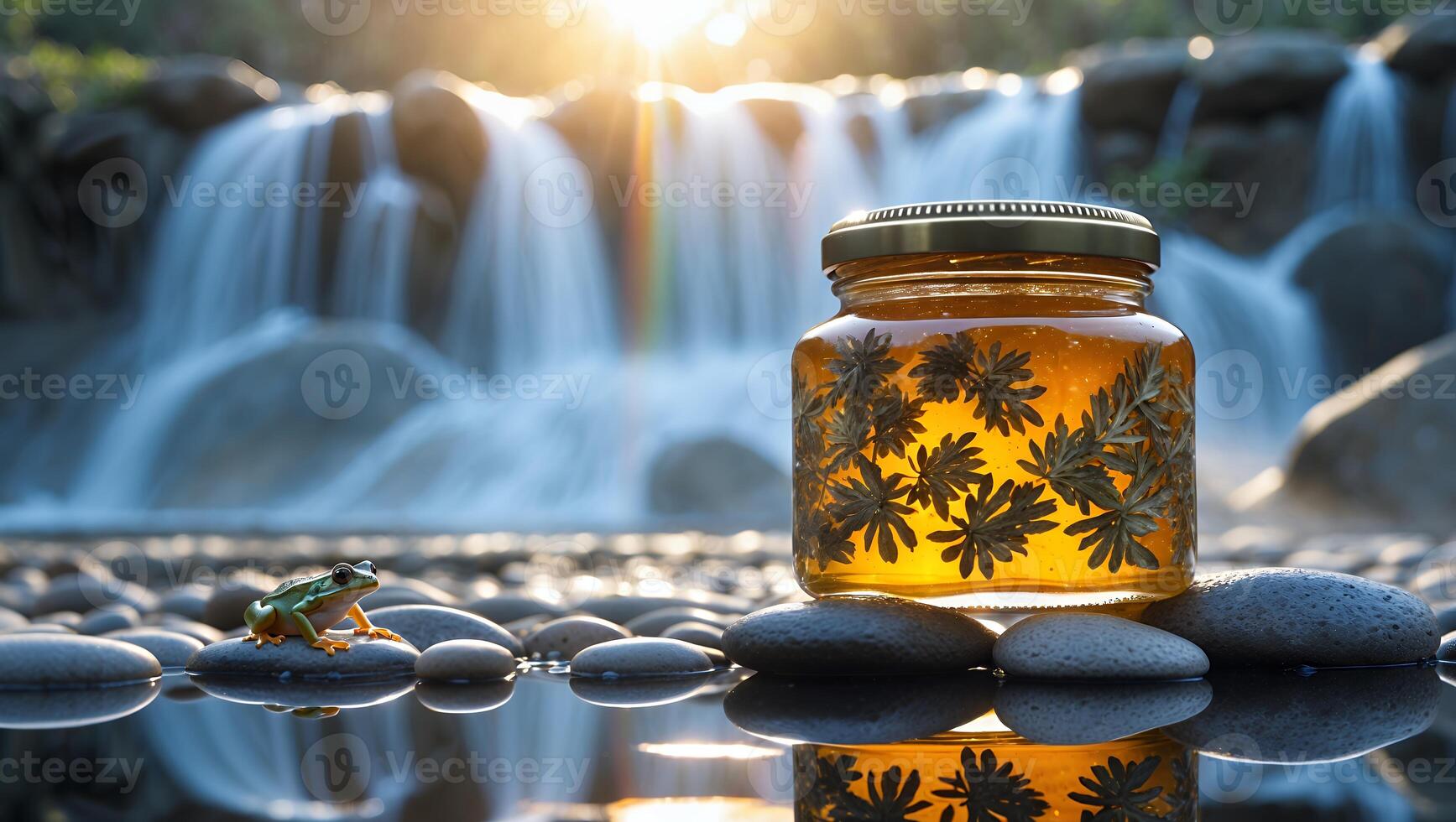 Frog and Jar by Waterfall Reflecting Sunlight on Smooth River Stones photo