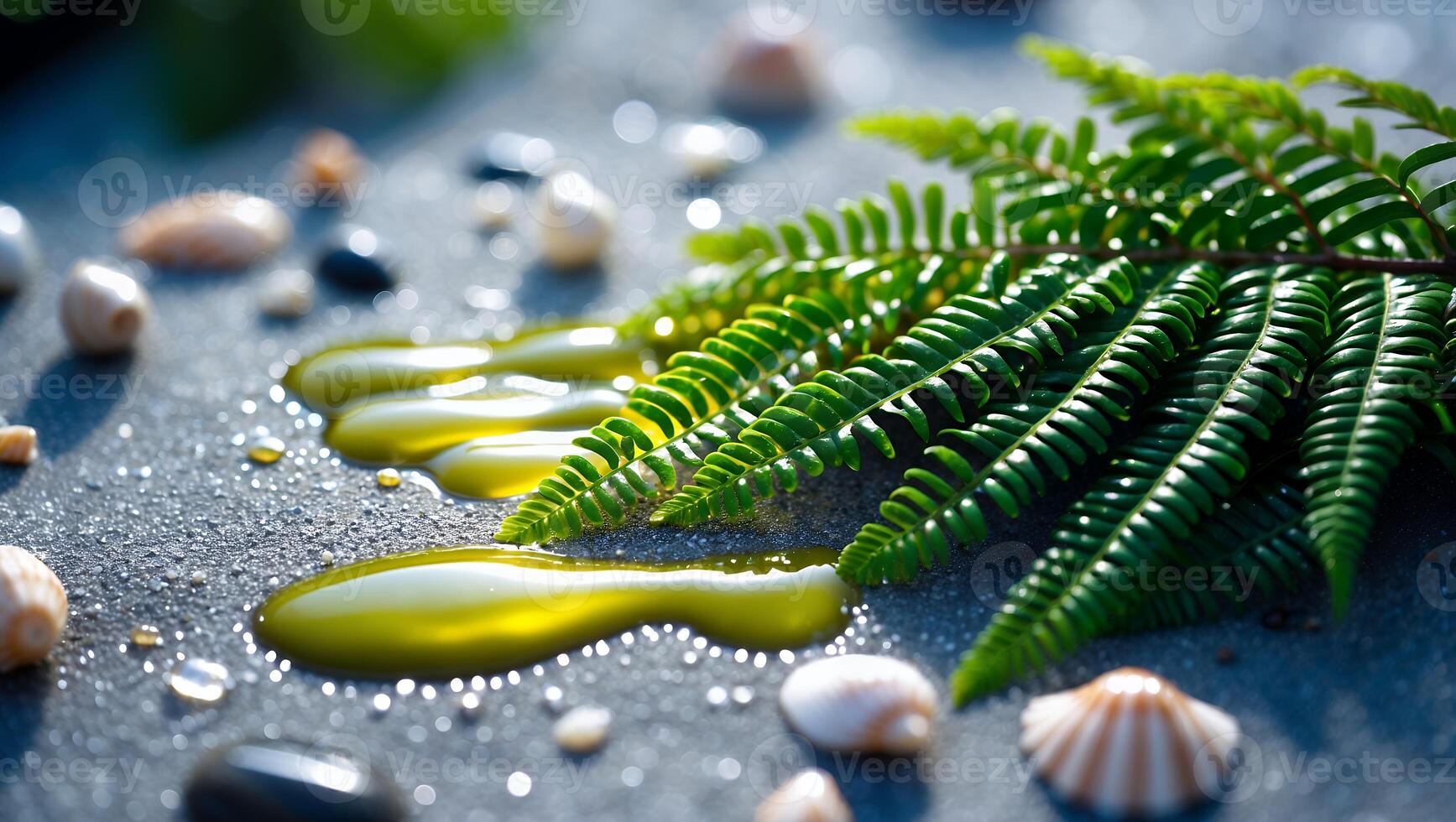 Fern Leaf and Oil Drops on Concrete Surface with Seashells photo