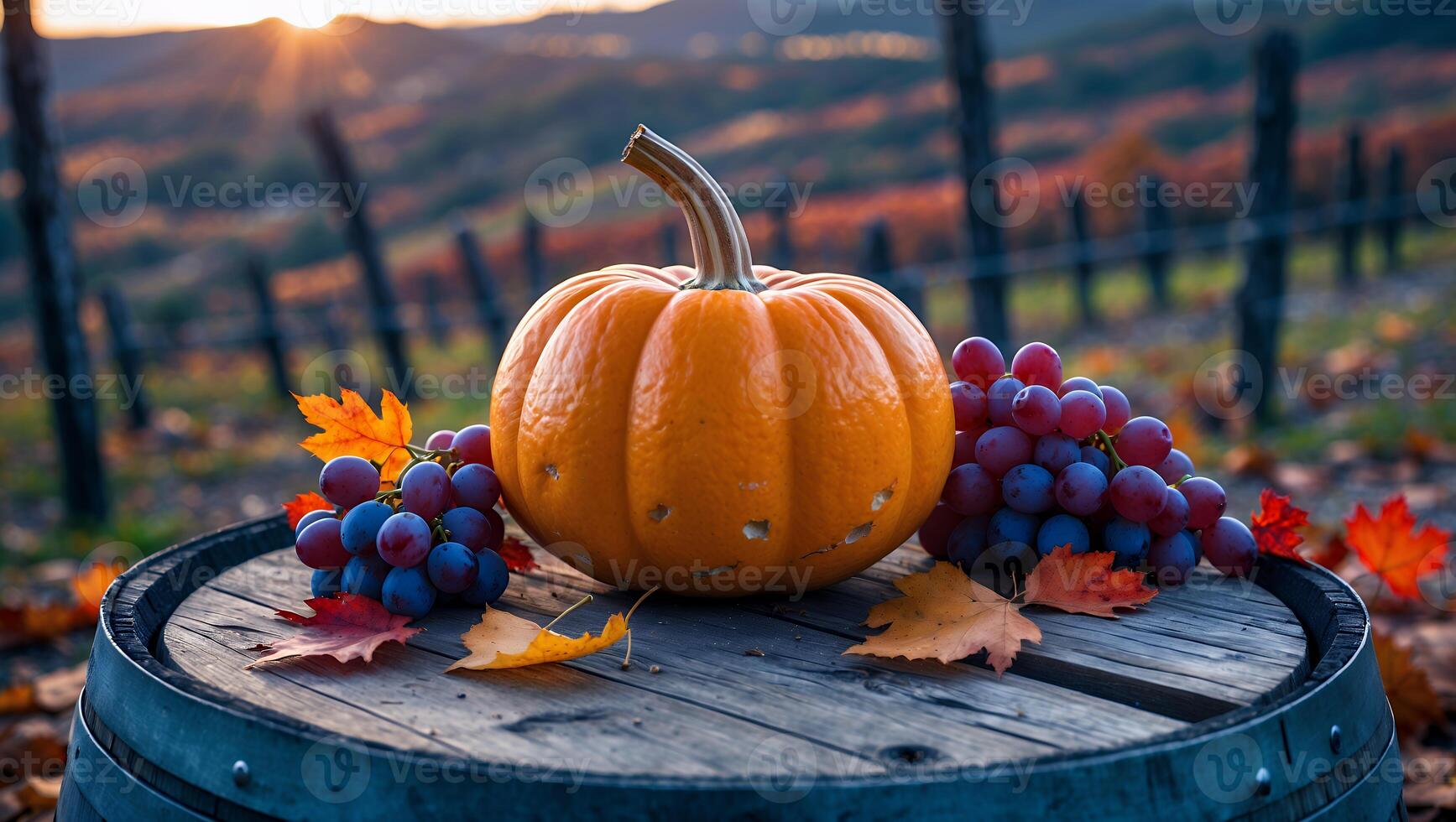 Pumpkin and Grapes on Barrel in Vineyard at Sunset During Autumn photo