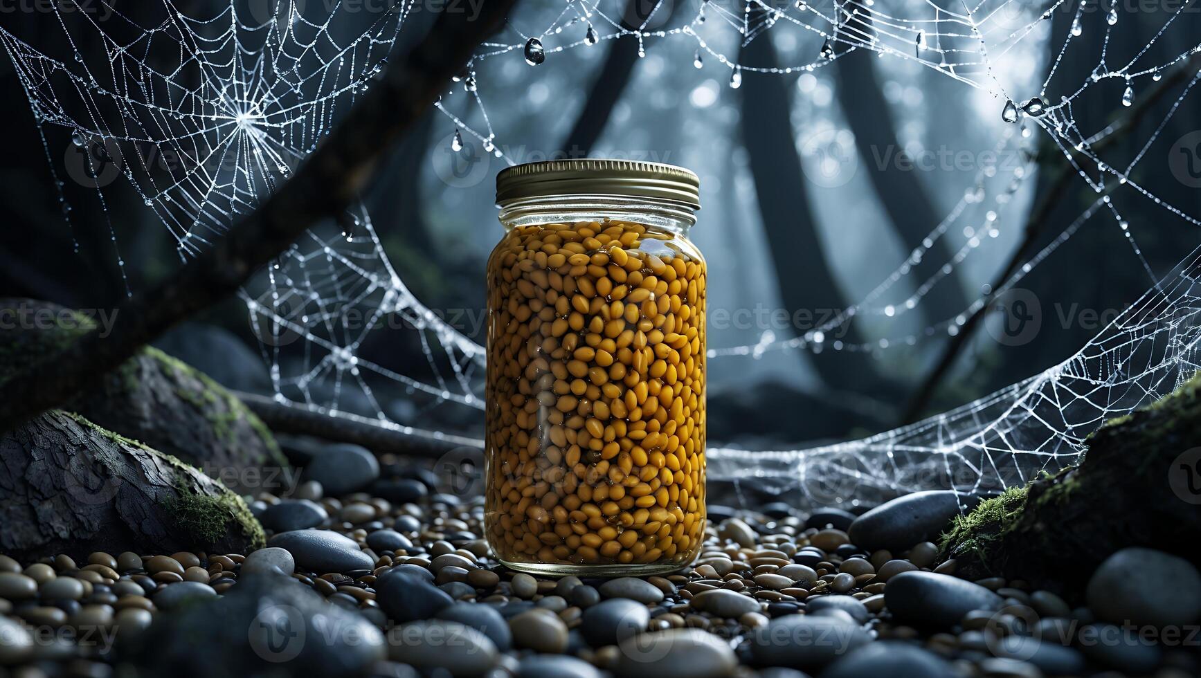 Jar of Seeds Stands Out in Mysterious Forest with Cobwebs photo