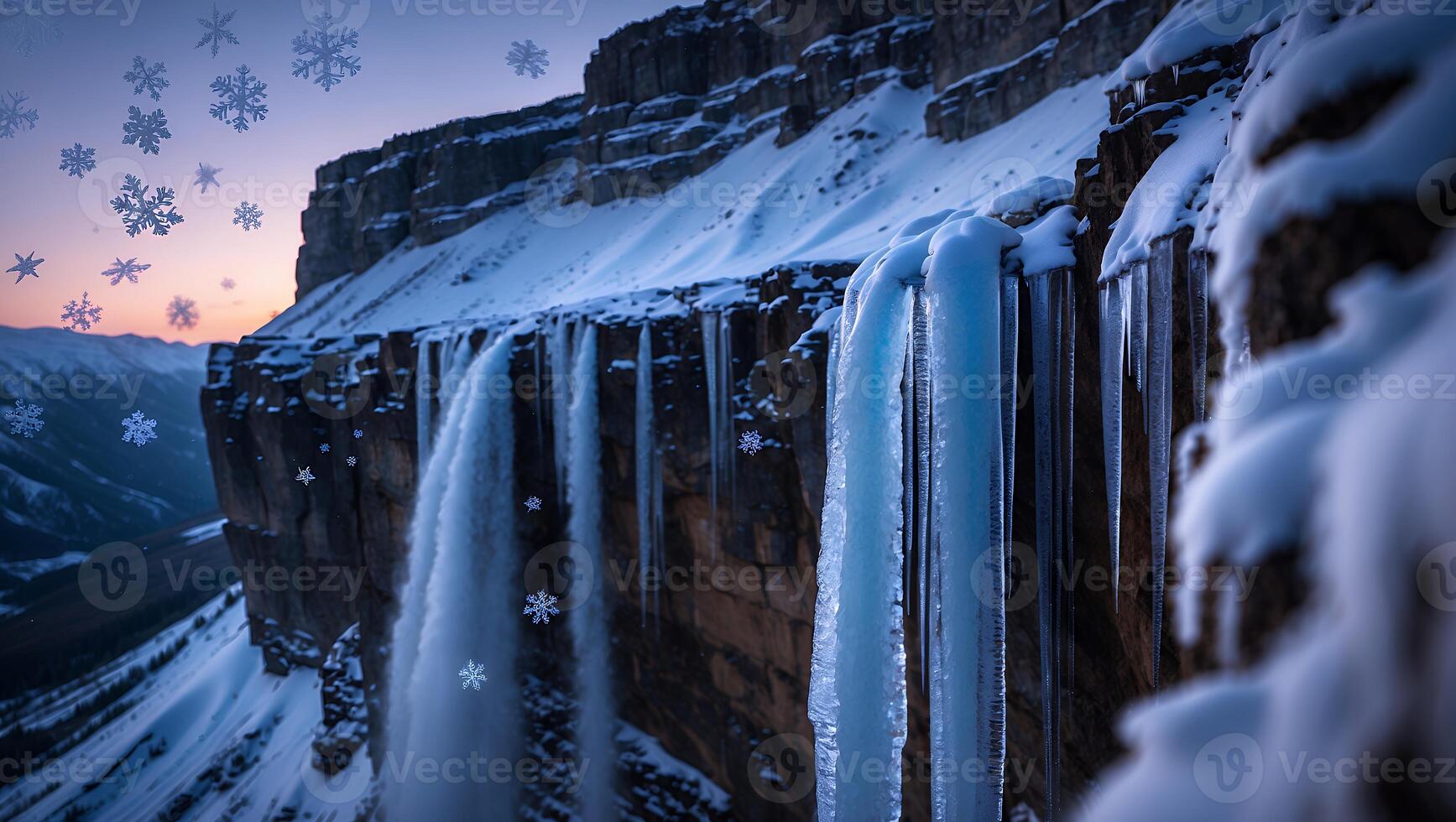 Frozen Waterfall with Icicles in Winter Landscape at Dusk Scenery photo