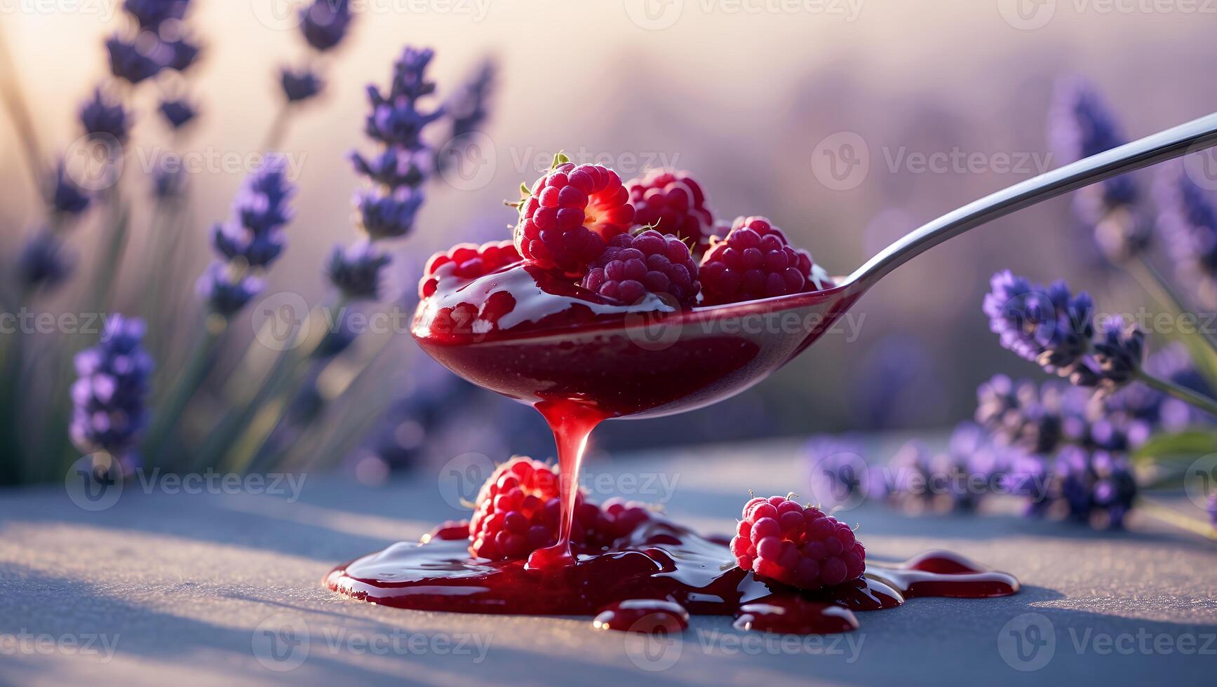 Raspberries Dripping From Spoon on Table with Lavender Background photo