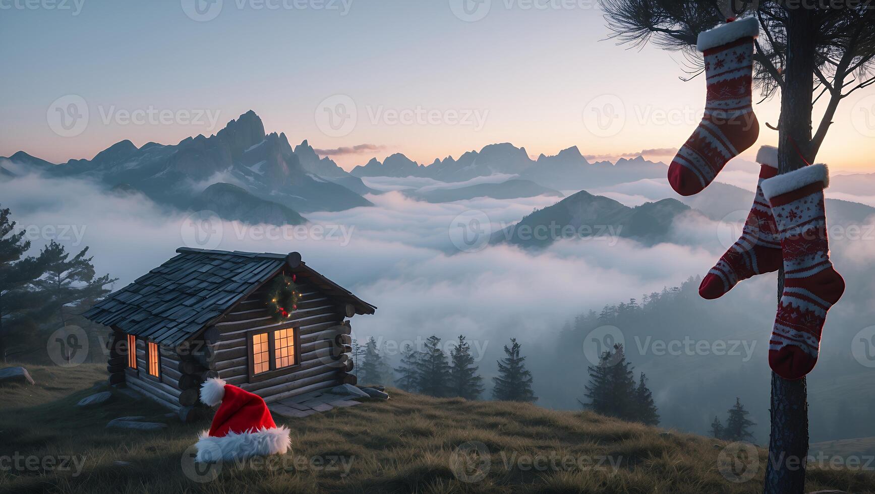 Cabin in Mountains with Christmas Decorations on a Foggy Morning photo
