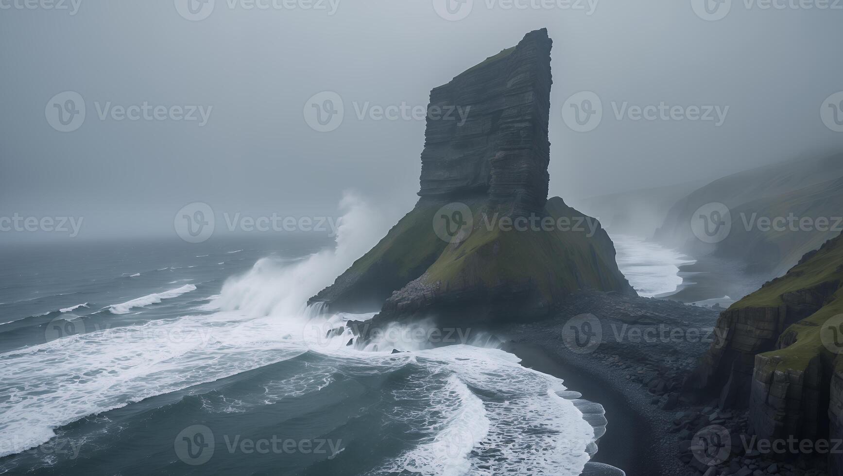 Coastal Stack on Rocky Beach with Crashing Waves in Overcast Weather photo