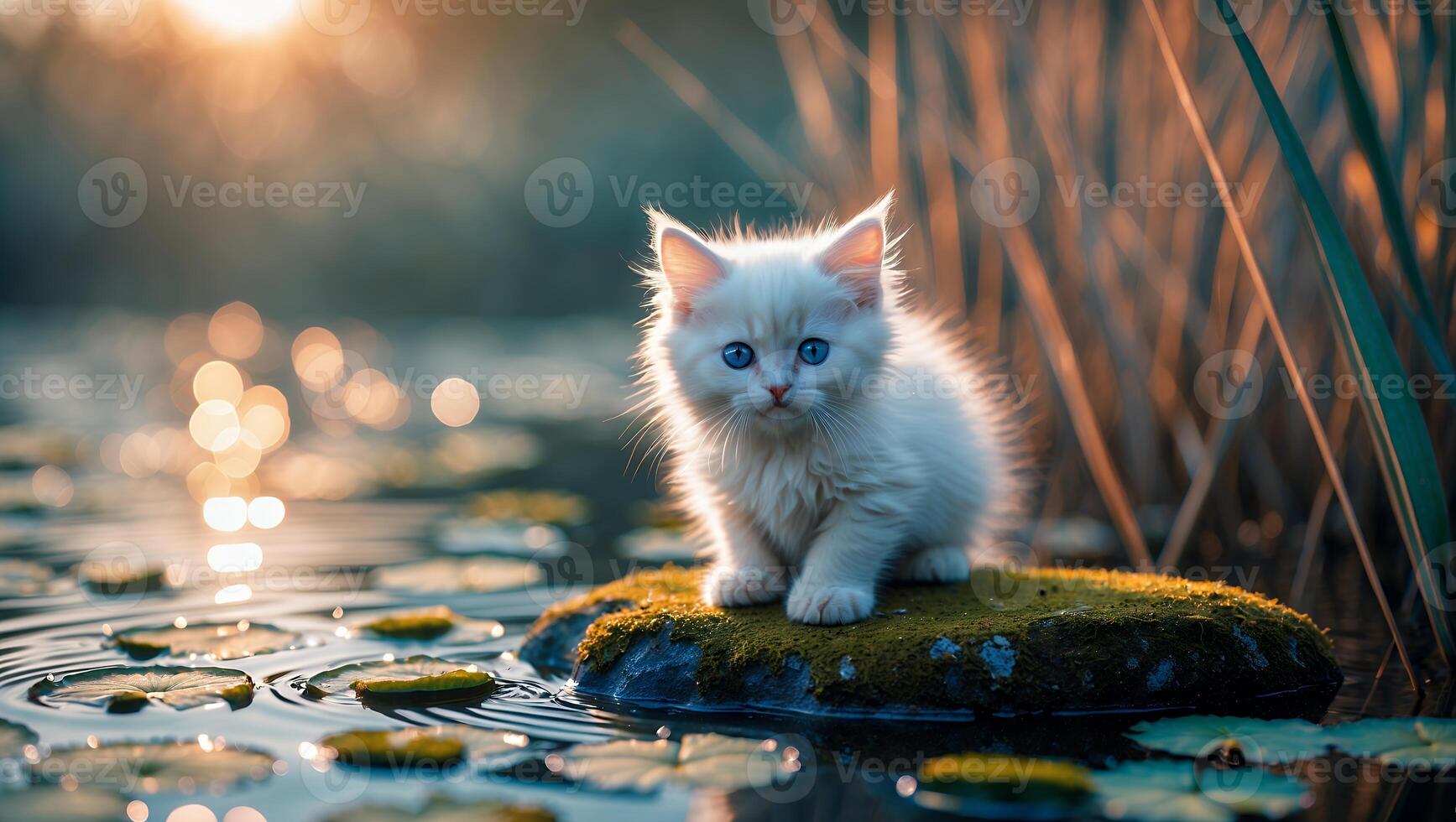 Kitten Sitting on Mossy Rock in Pond at Golden Hour Light photo