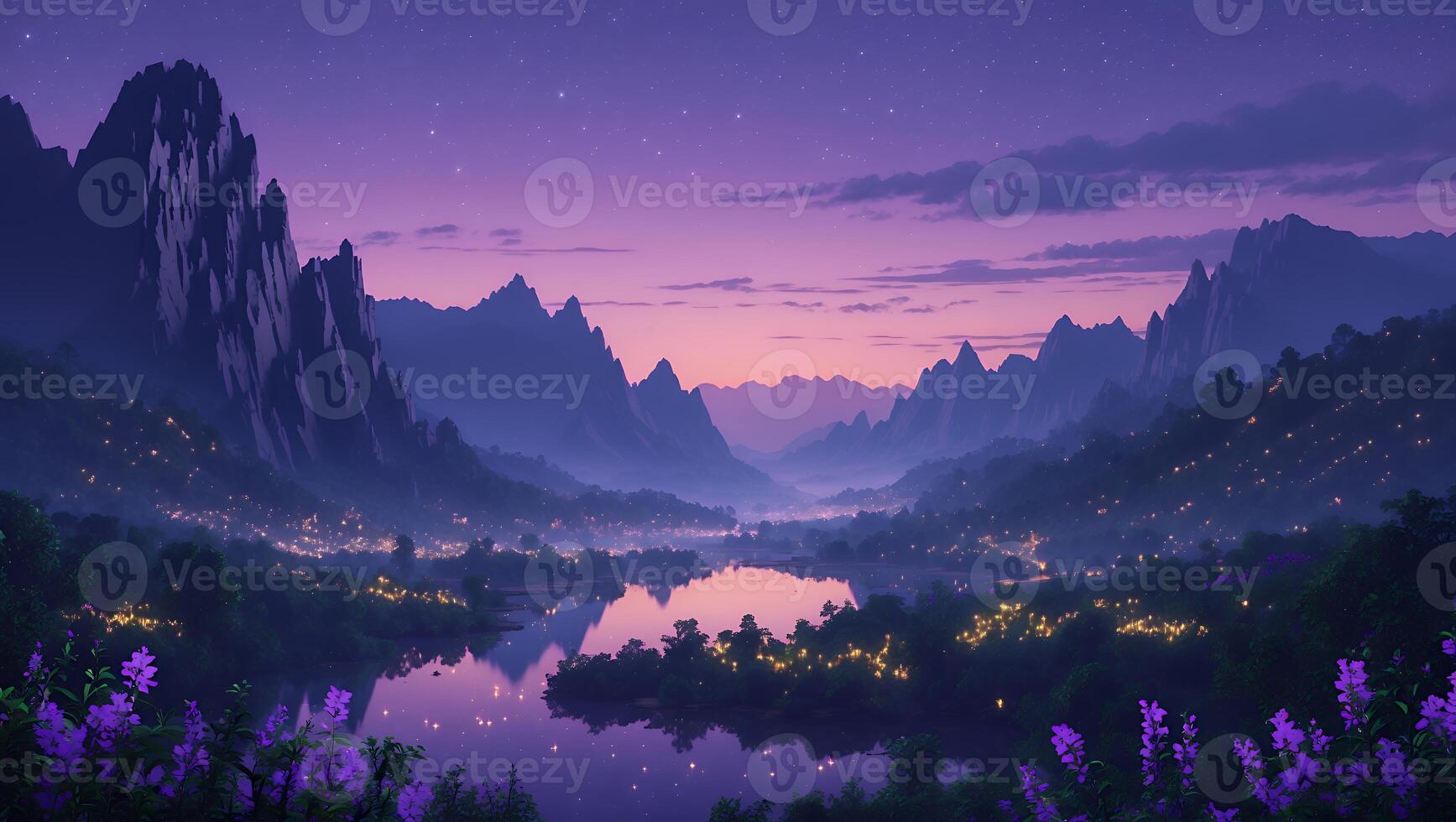 Mountain Landscape Reflection in Lake at Dusk with Starry Night photo