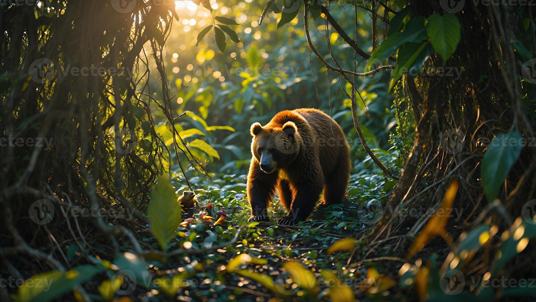 Bear Walking Through Forest with Sunlight Streaming Through Leaves photo
