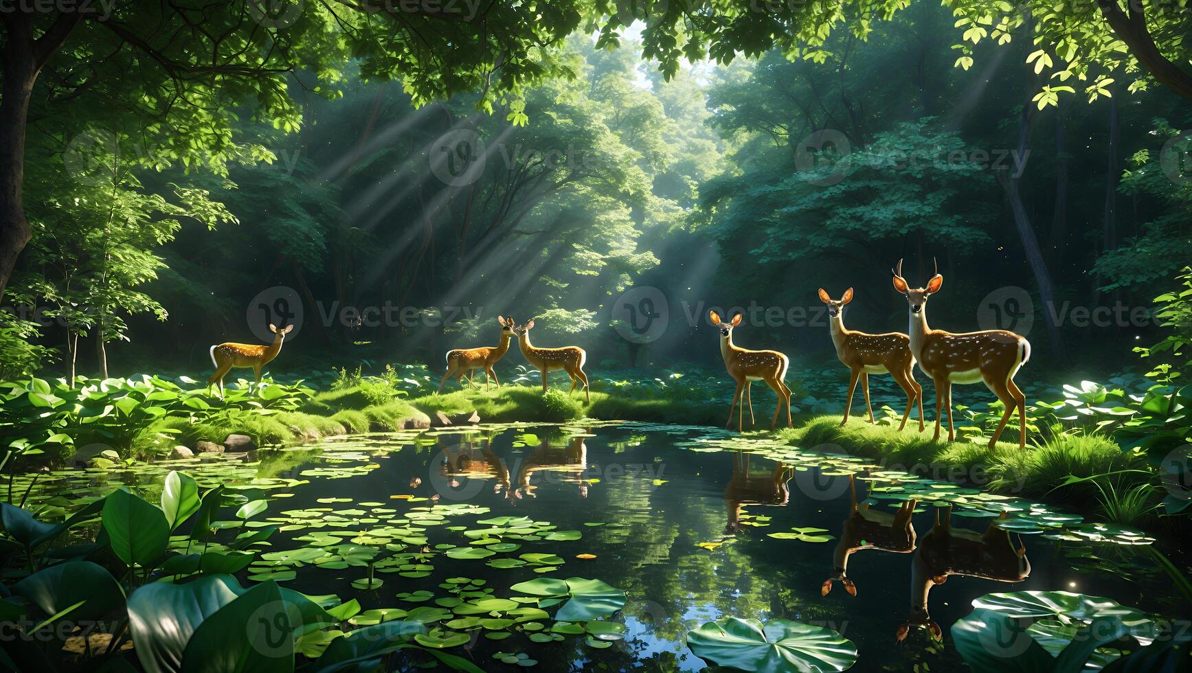 Deer by Pond in Forest with Sunlight Reflections in Water photo