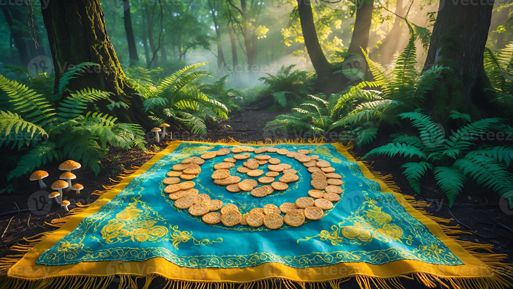 Arranging Cookies on a Blanket Outdoors with Ferns and Forest photo