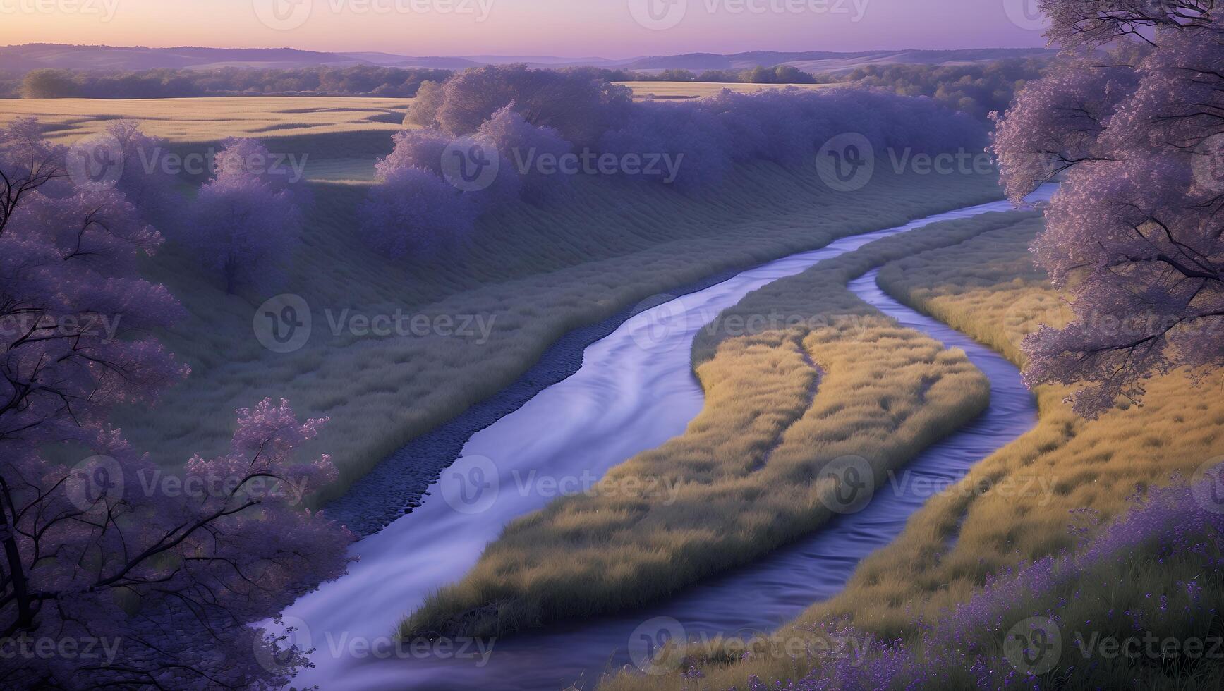 Scenic River Flowing Through Grassy Fields with Trees and Sunset photo