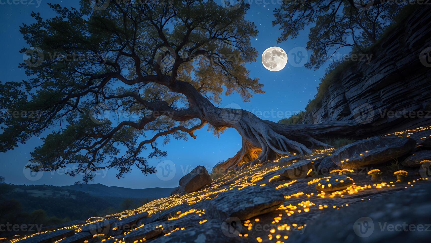 Tree at Night with Glowing Mushrooms Under a Full Moon Sky photo