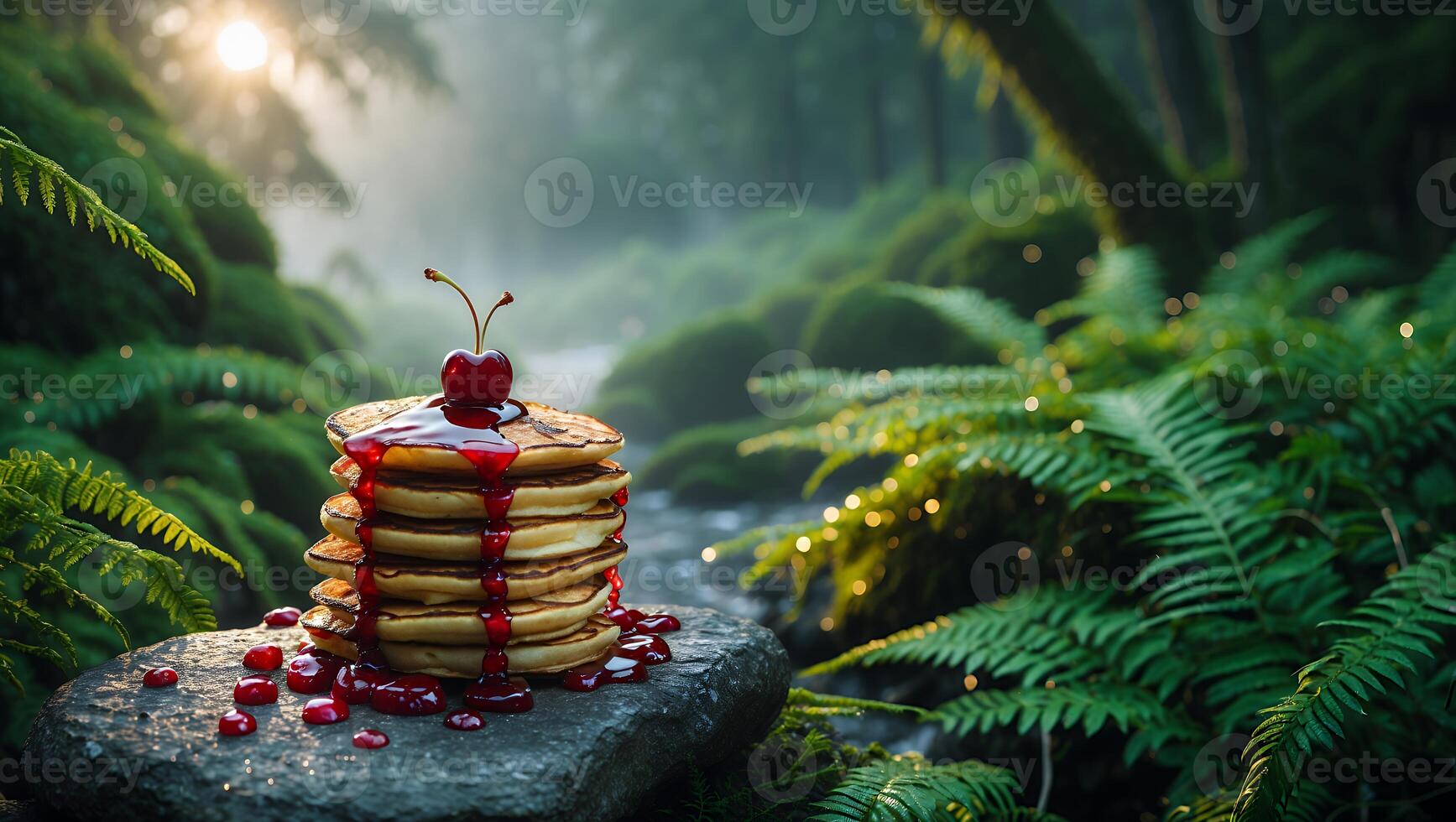 Stack of Pancakes with Cherry Syrup and a Natural Forest Backdrop photo