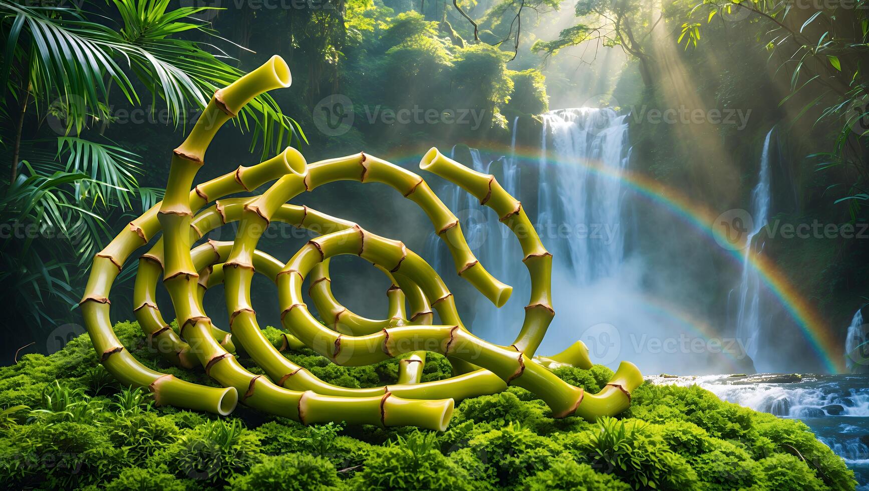 Bamboo Spiral on Moss with Waterfall and Rainbow in Background photo