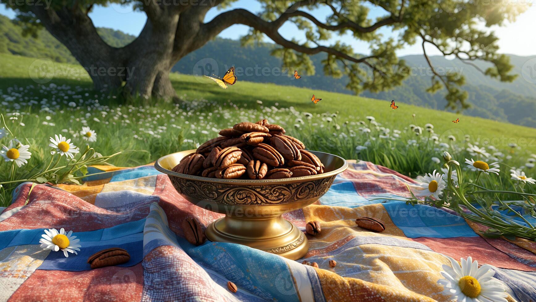 Pecan Nuts in Golden Bowl on Quilt in Grassy Field photo