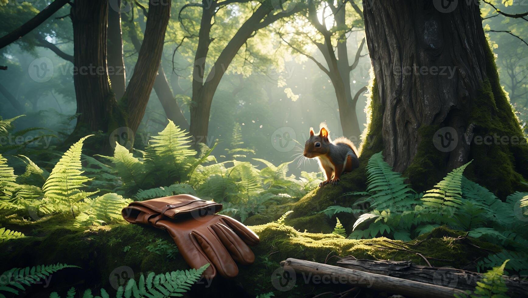 Squirrel Watching Leather Glove in Forest with Ferns and Sunlight photo