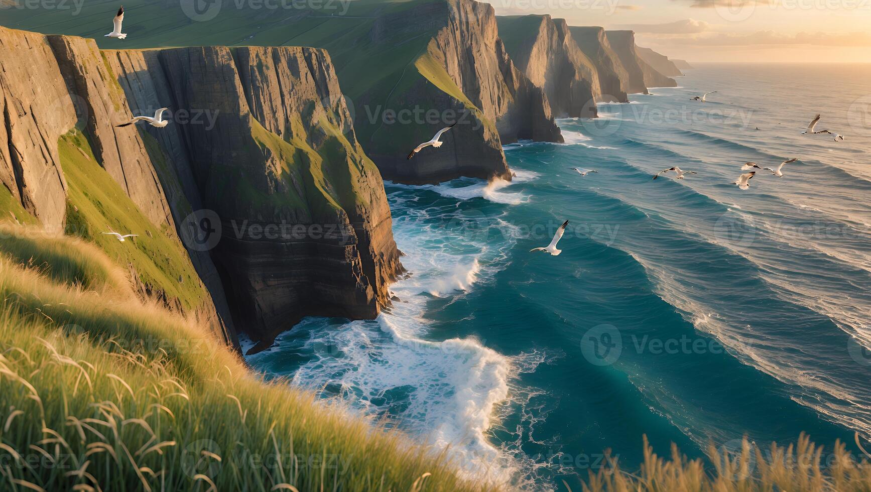 Dramatic Cliffs Overlooking Ocean Waves with Flying Birds at Sunset photo