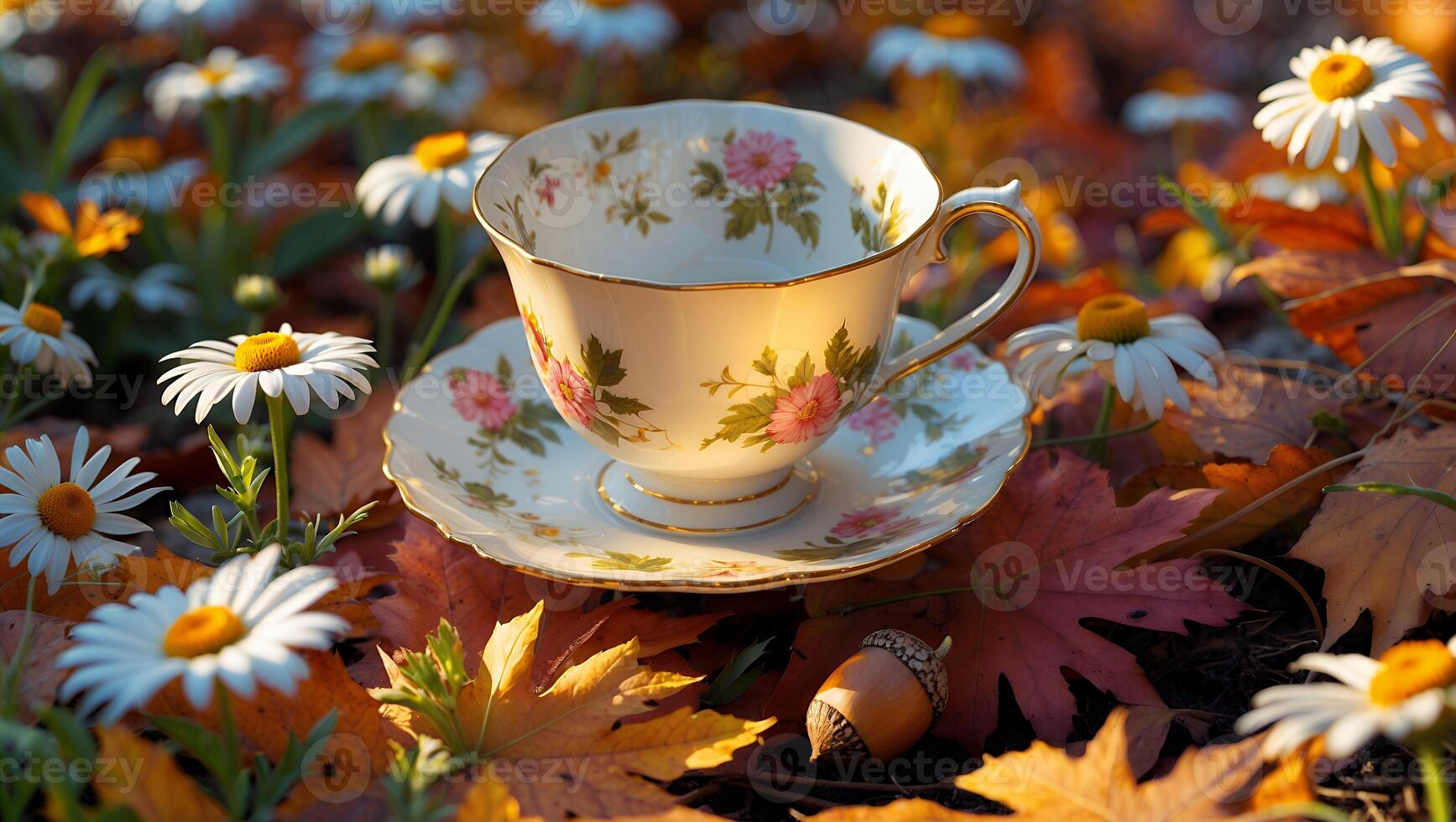 Elegant Teacup and Saucer Among Autumn Leaves and Daisy Flowers photo
