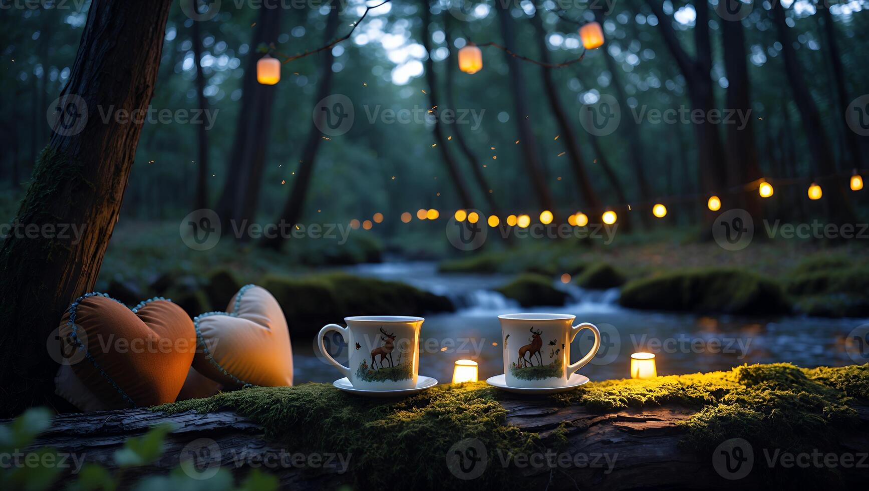 Cups and Hearts in Forest with Lights Over Gentle Stream photo