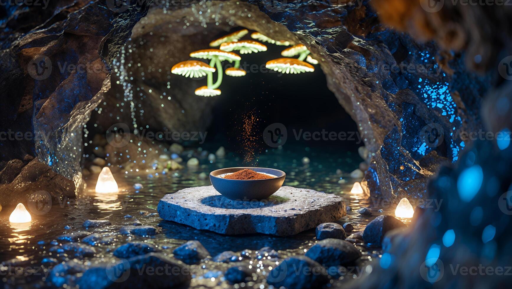 Bowl in Enchanted Cave with Glowing Mushrooms and Floating Dust photo